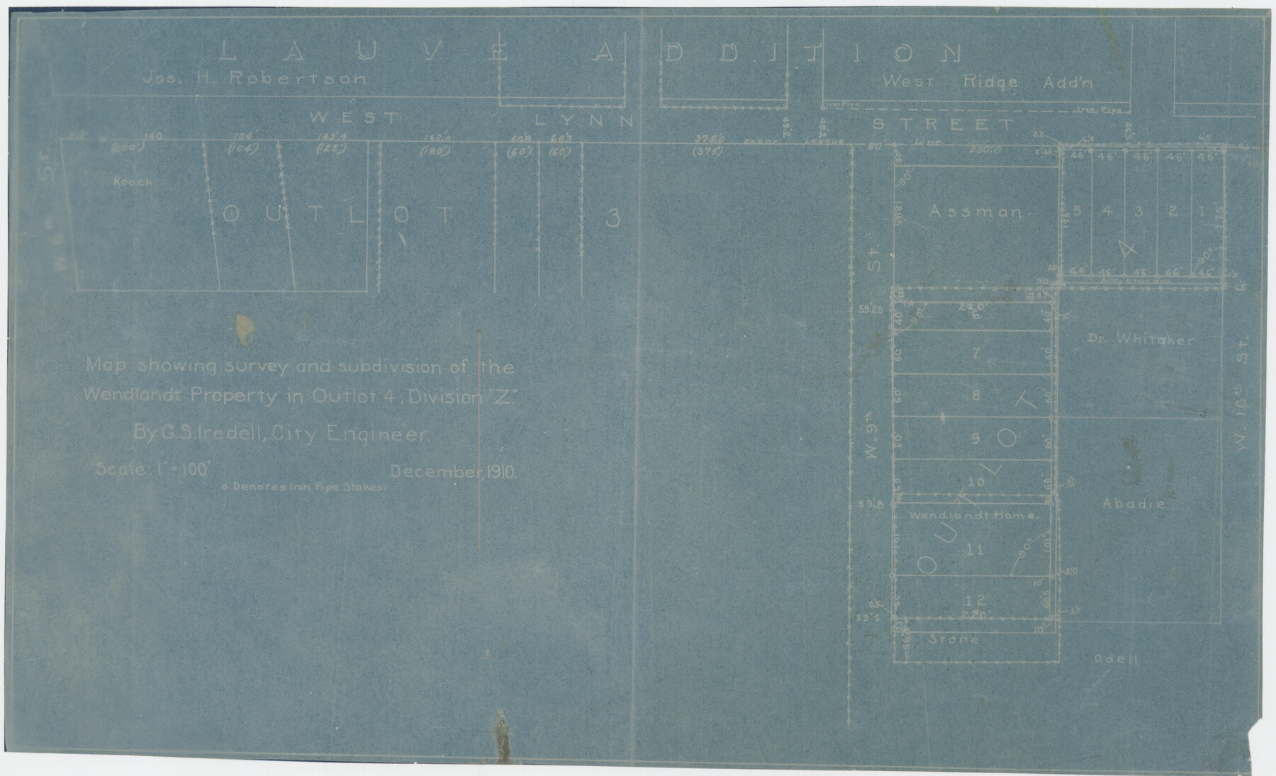 508, Map Showing Survey and Subdivision of the Wendlandt Property in Outlot 4, Division "Z", Maddox Collection