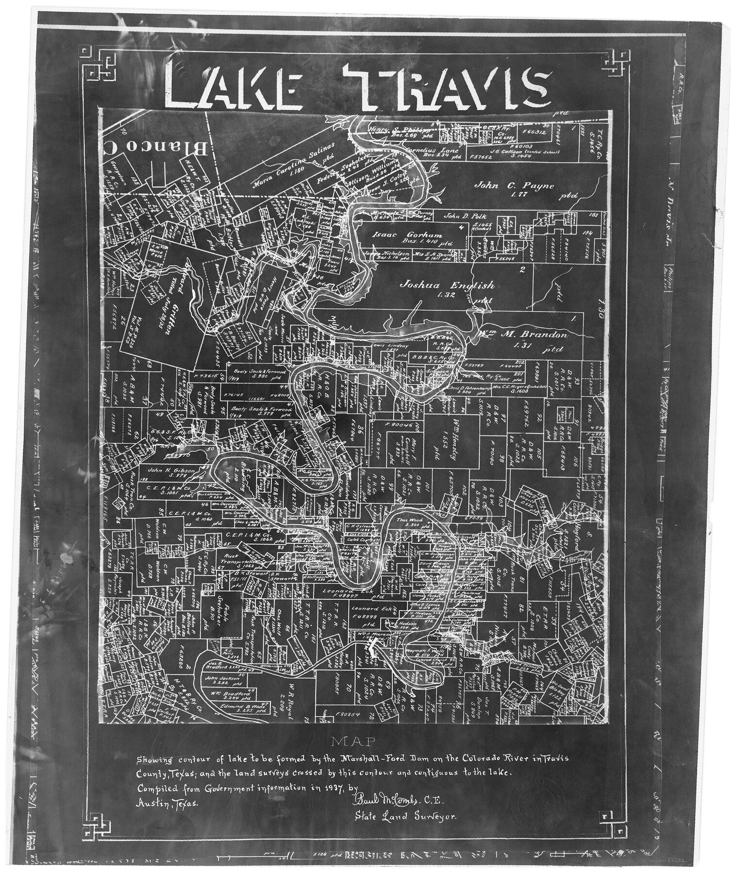60292, Map showing contour of lake to be formed by the Marshall-Ford Dam on the Colorado River in Travis County, Texas and the land surveys crossed by this contour and contiguous to the lake, General Map Collection
