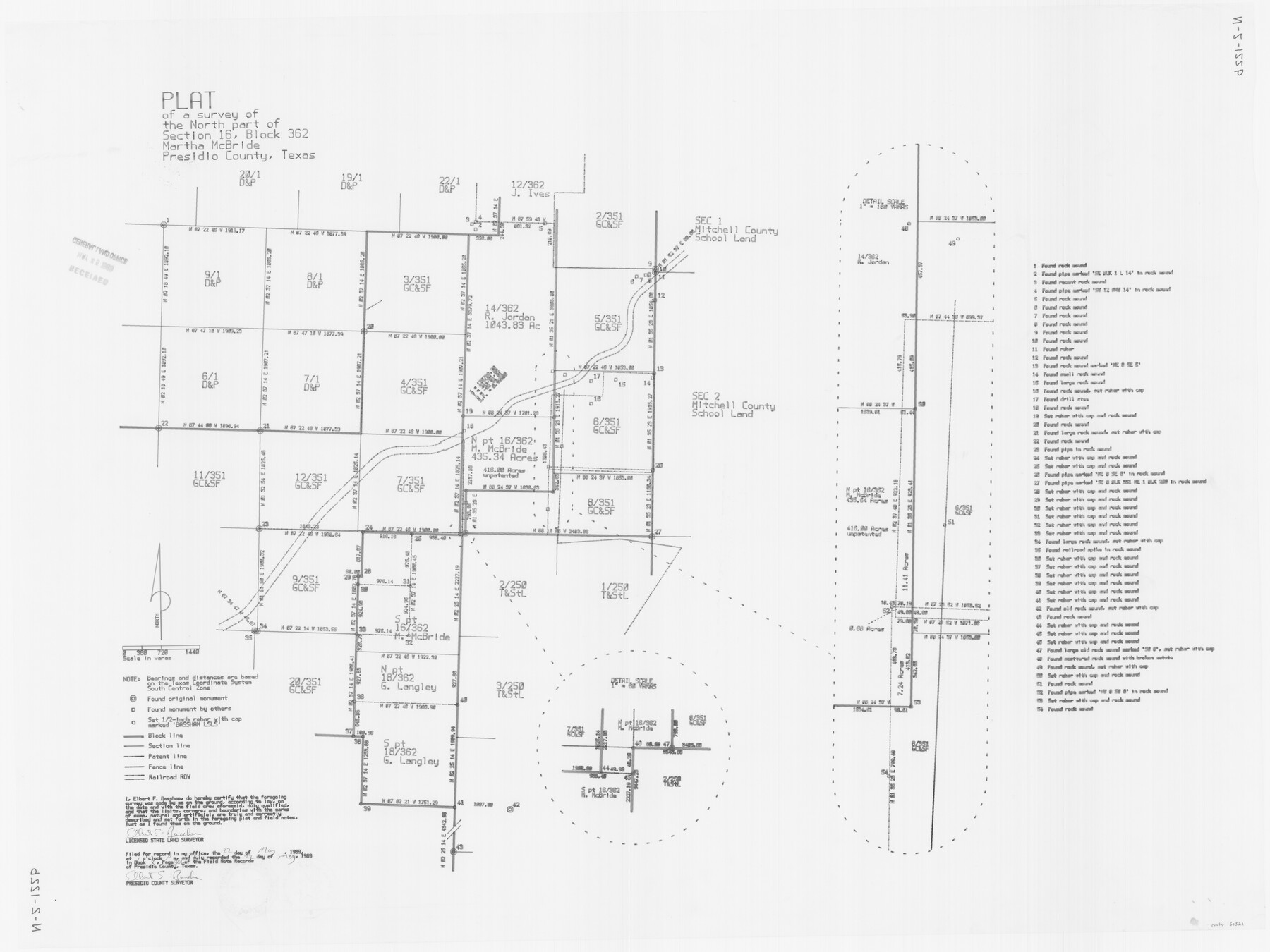 60521, Plat of a survey of the North part of section 16, Block 362, Martha McBride, Presidio County, Texas, General Map Collection
