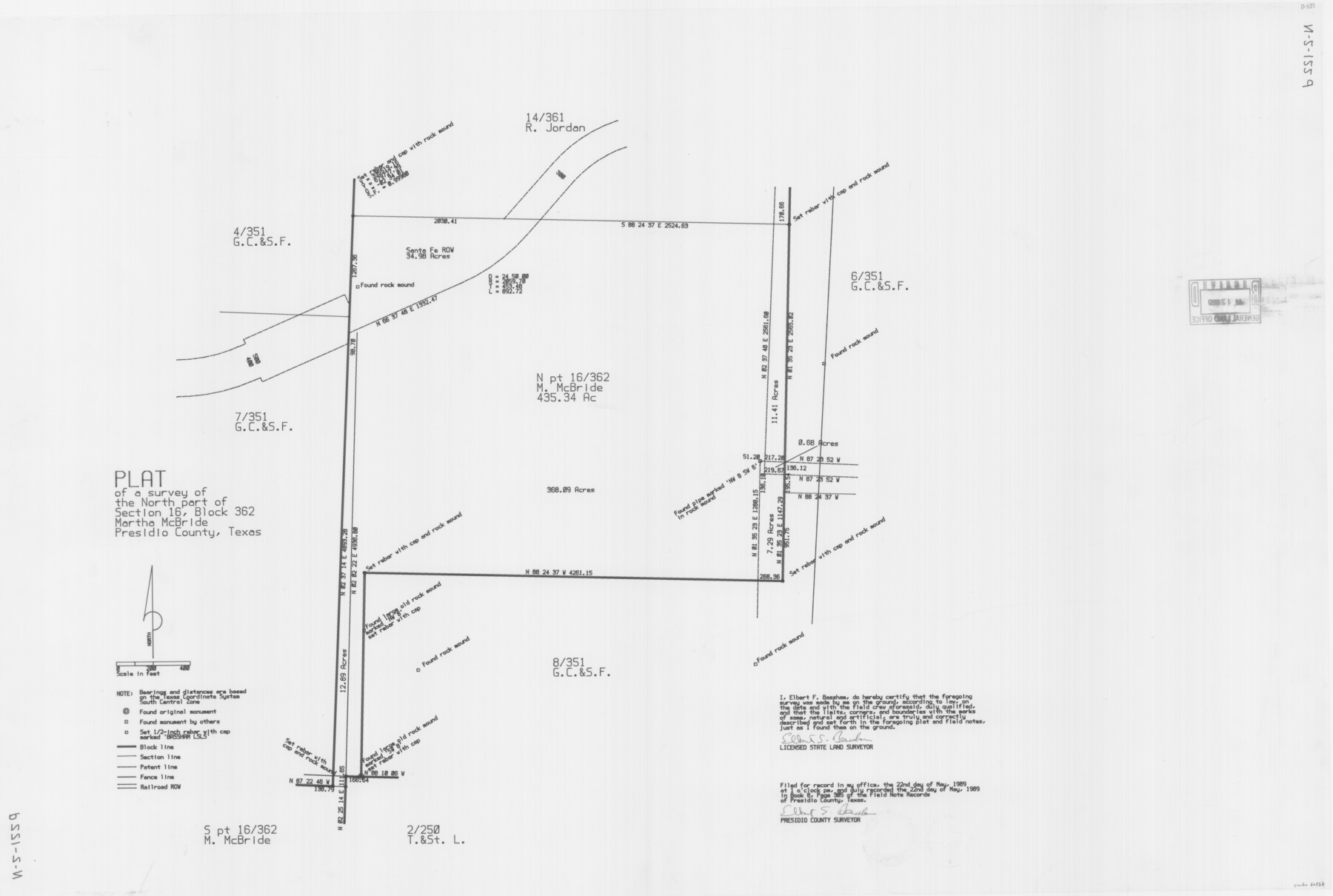 60523, Plat of a survey of the North part of section 16, Block 362, Martha McBride, Presidio County, Texas, General Map Collection