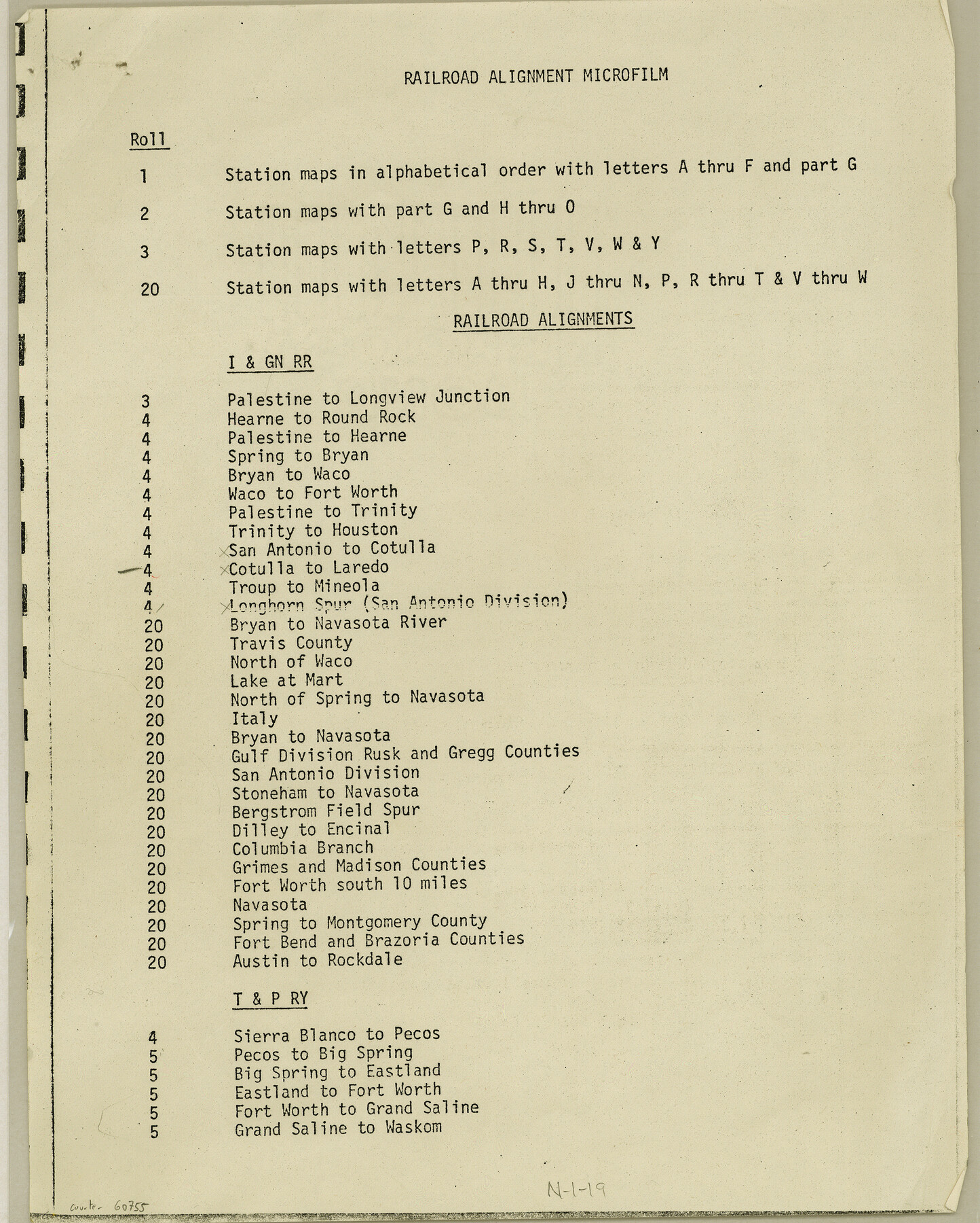 60755, Index for Texas Railroad ROW & track maps available on microfilm at THD & Archives and Records, General Map Collection