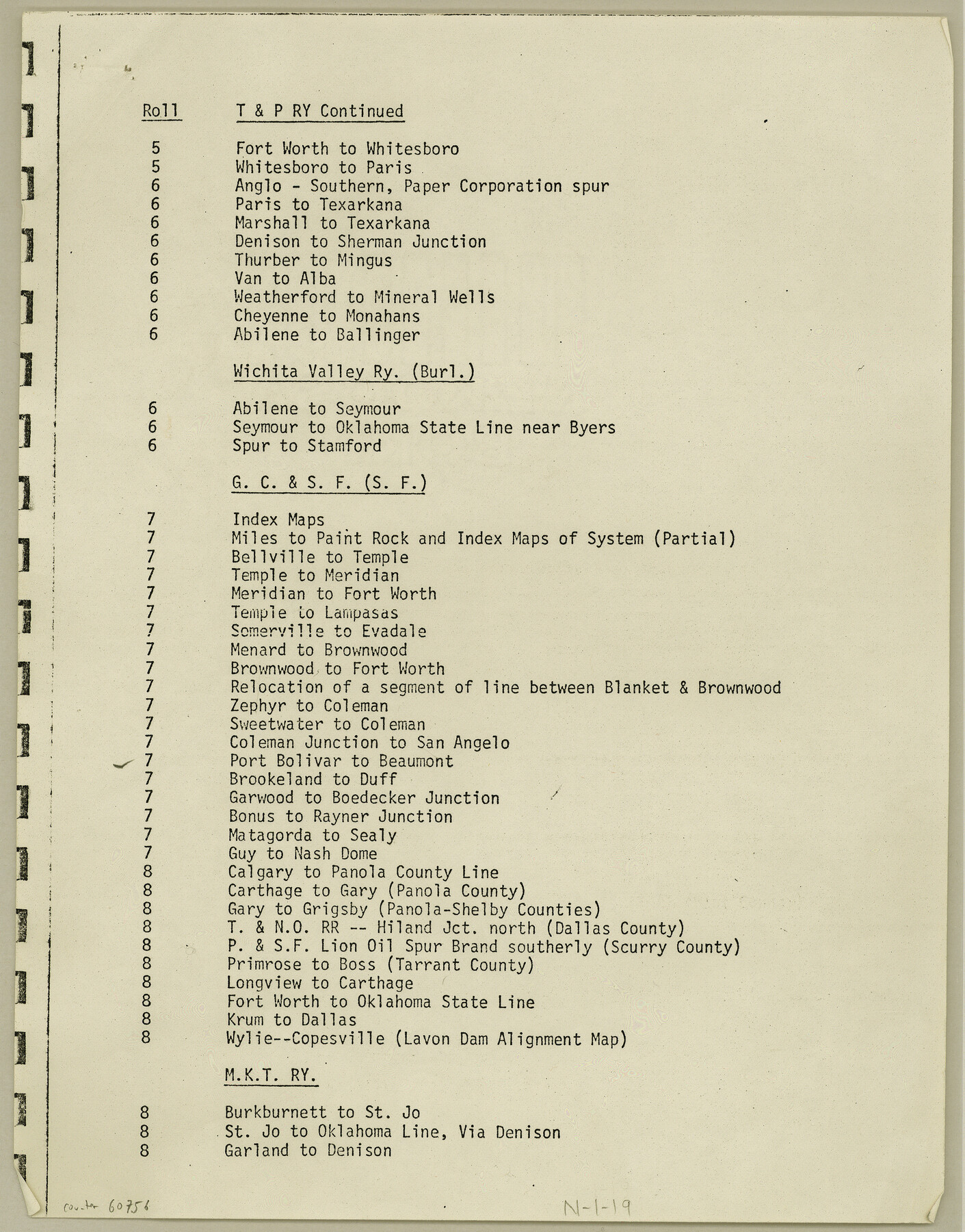 60756, Index for Texas Railroad ROW & track maps available on microfilm at THD & Archives and Records, General Map Collection