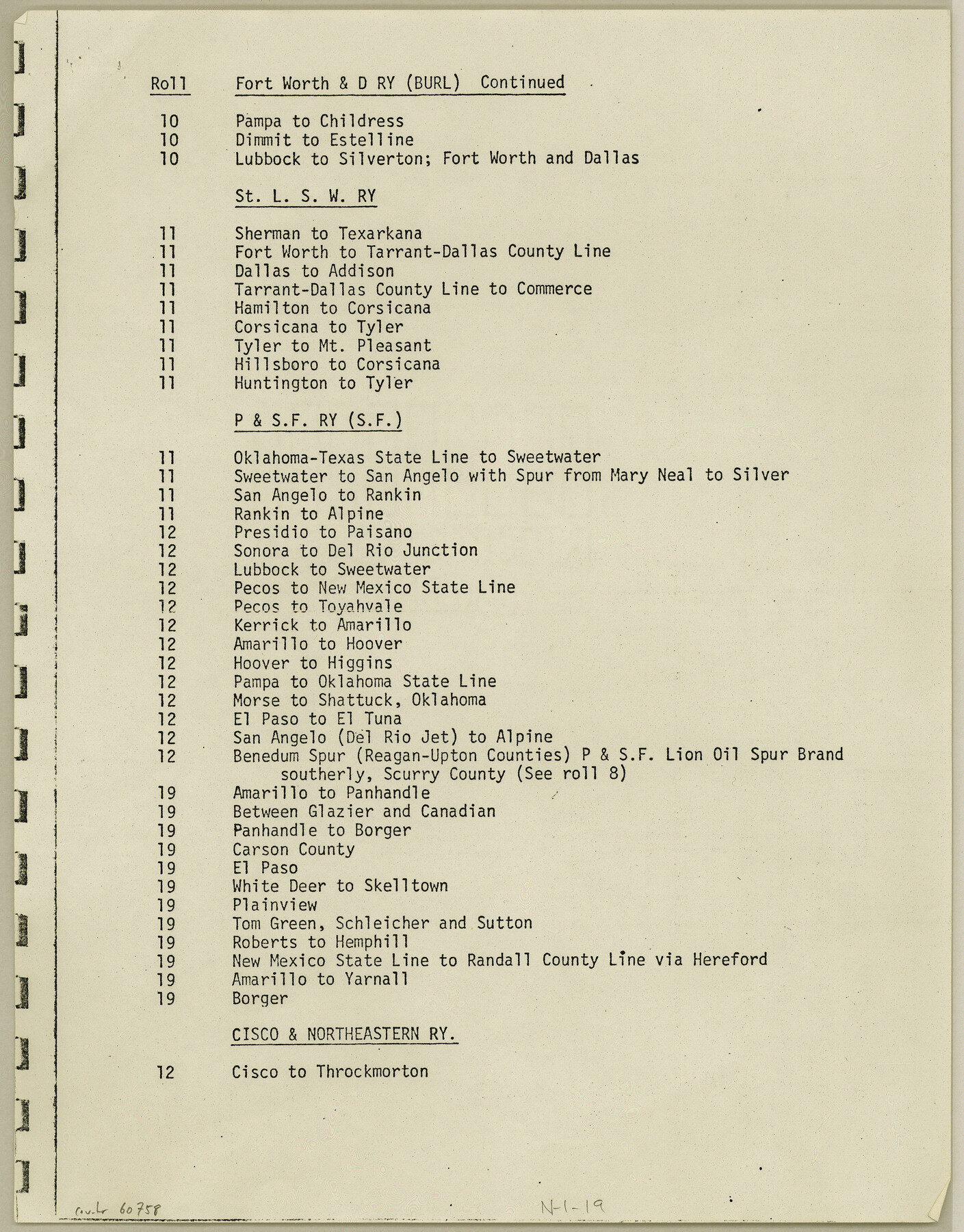 60758, Index for Texas Railroad ROW & track maps available on microfilm at THD & Archives and Records, General Map Collection