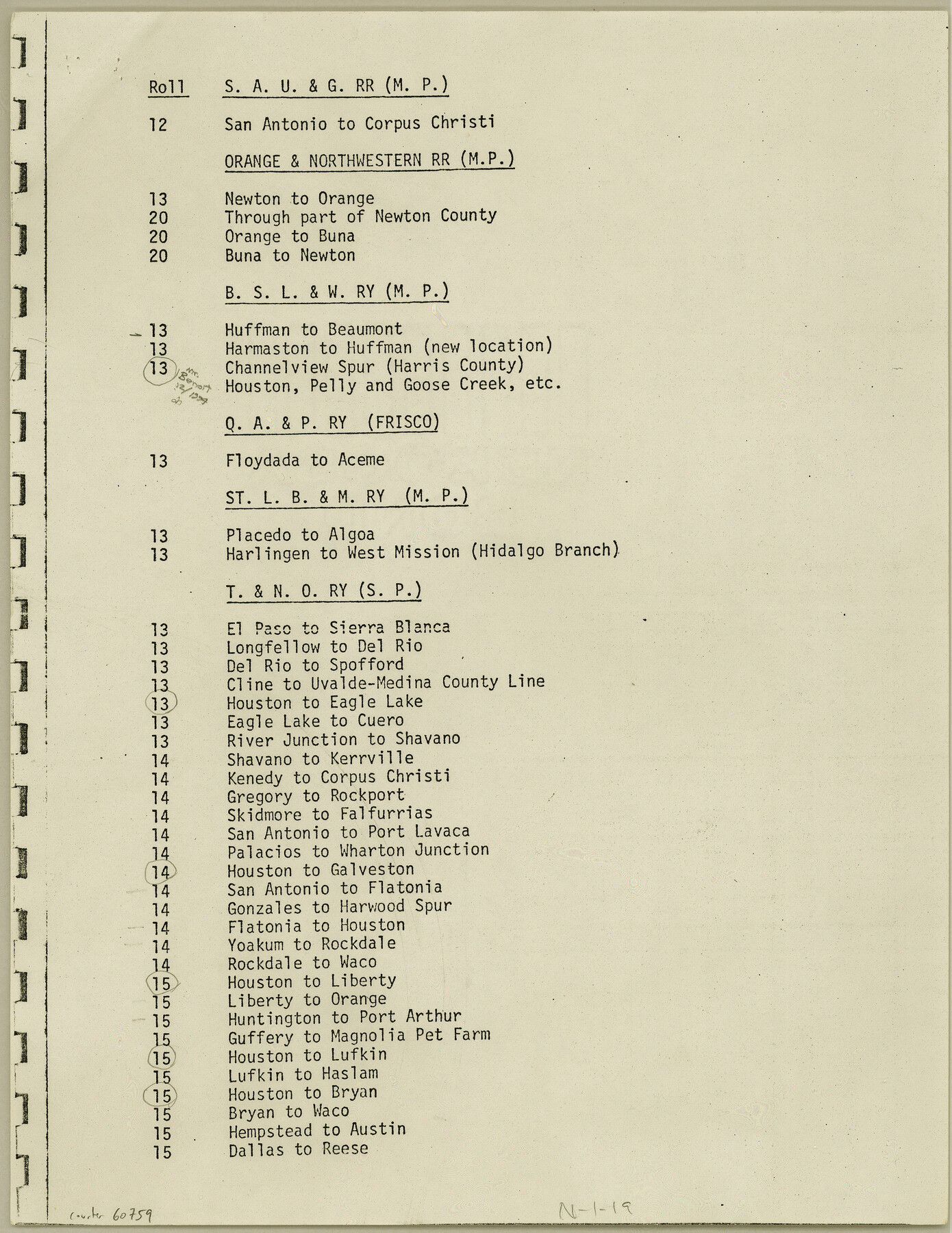 60759, Index for Texas Railroad ROW & track maps available on microfilm at THD & Archives and Records, General Map Collection