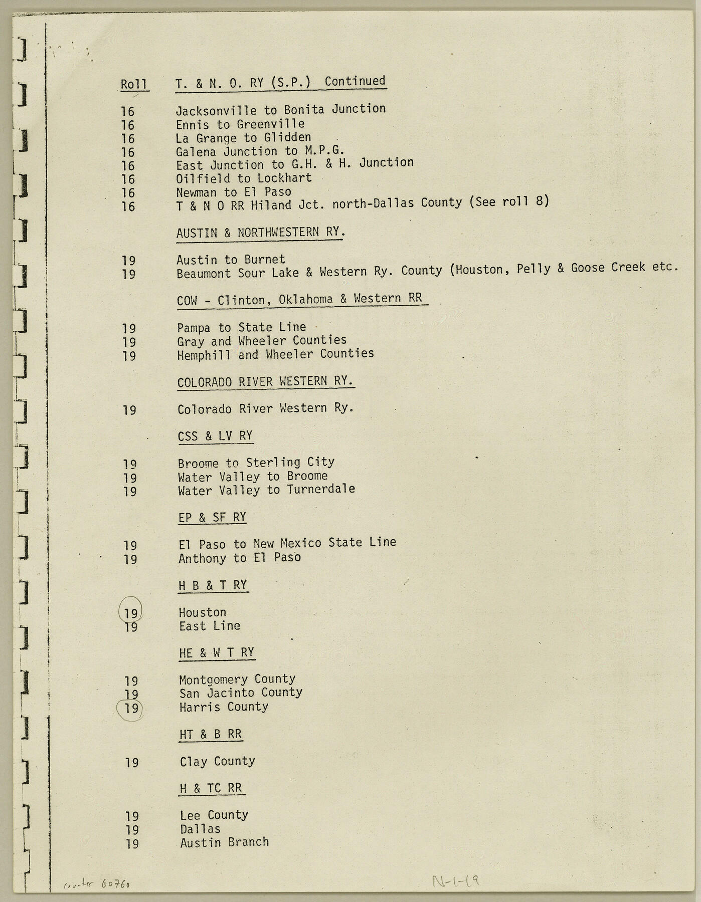 60760, Index for Texas Railroad ROW & track maps available on microfilm at THD & Archives and Records, General Map Collection