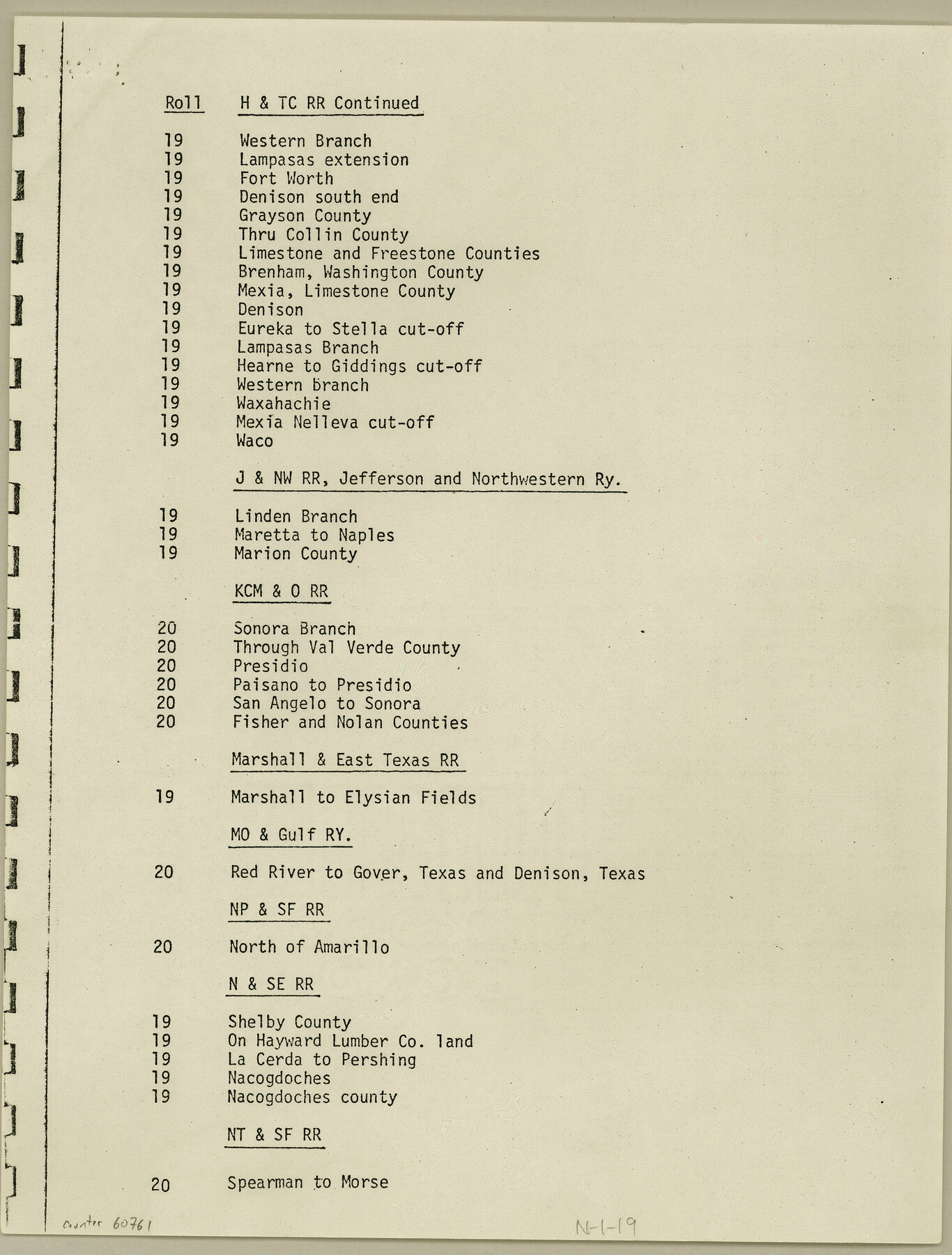 60761, Index for Texas Railroad ROW & track maps available on microfilm at THD & Archives and Records, General Map Collection