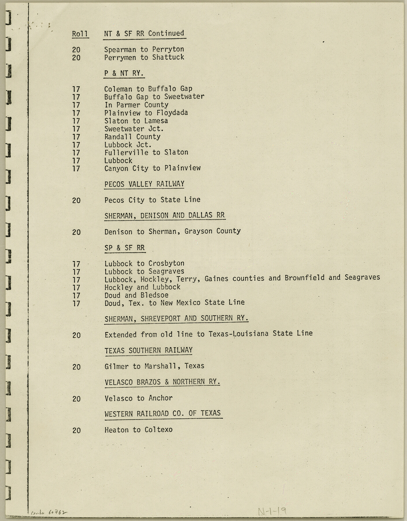 60762, Index for Texas Railroad ROW & track maps available on microfilm at THD & Archives and Records, General Map Collection