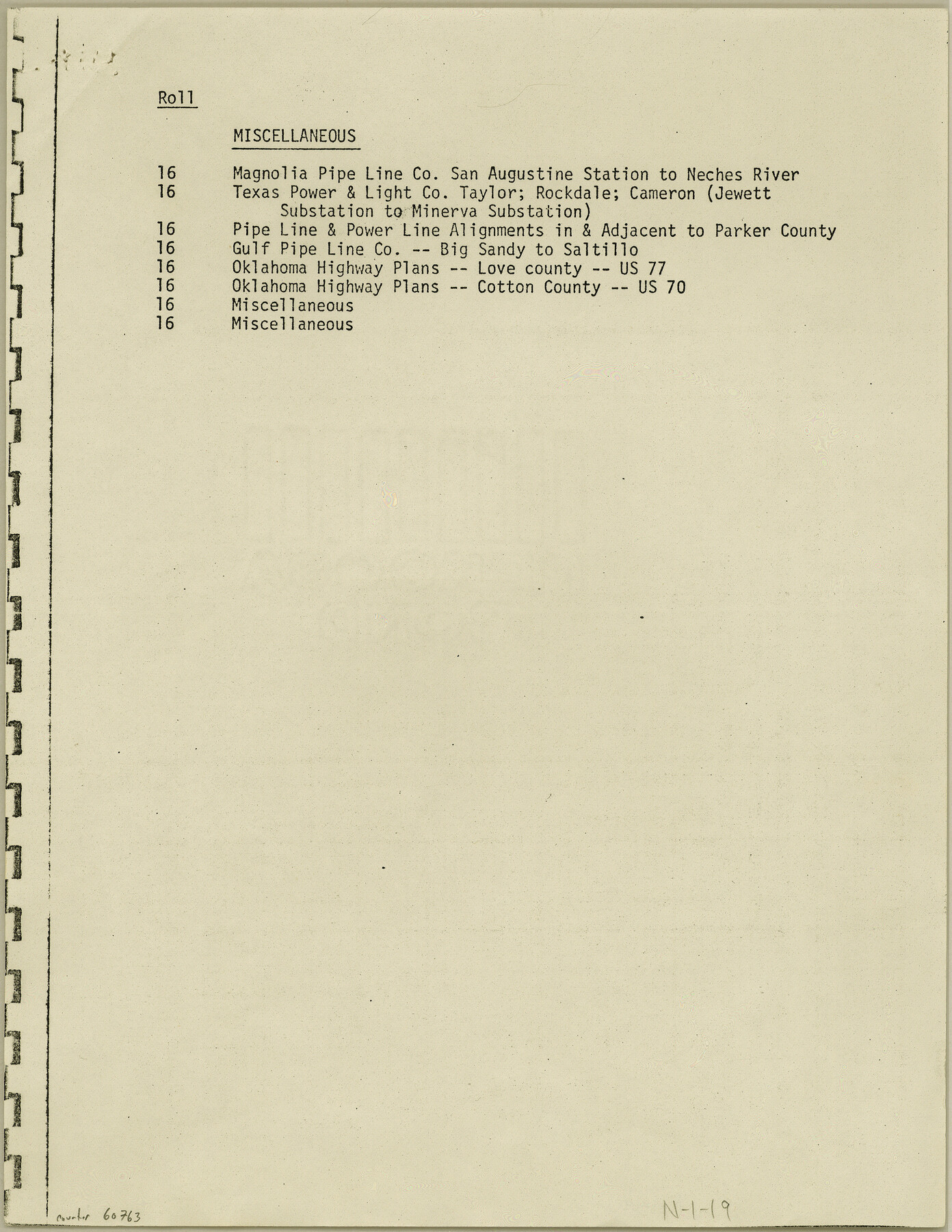 60763, Index for Texas Railroad ROW & track maps available on microfilm at THD & Archives and Records, General Map Collection