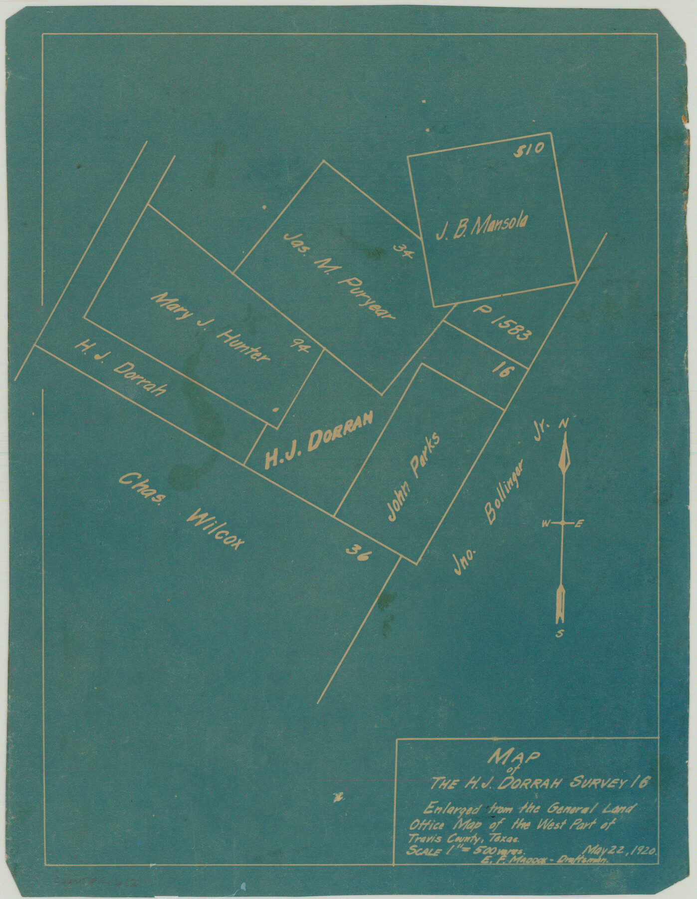 612, Map of the H.J. Dorrah survey 16 enlarged from the General Land Office map of the west part of Travis County, Texas, Maddox Collection