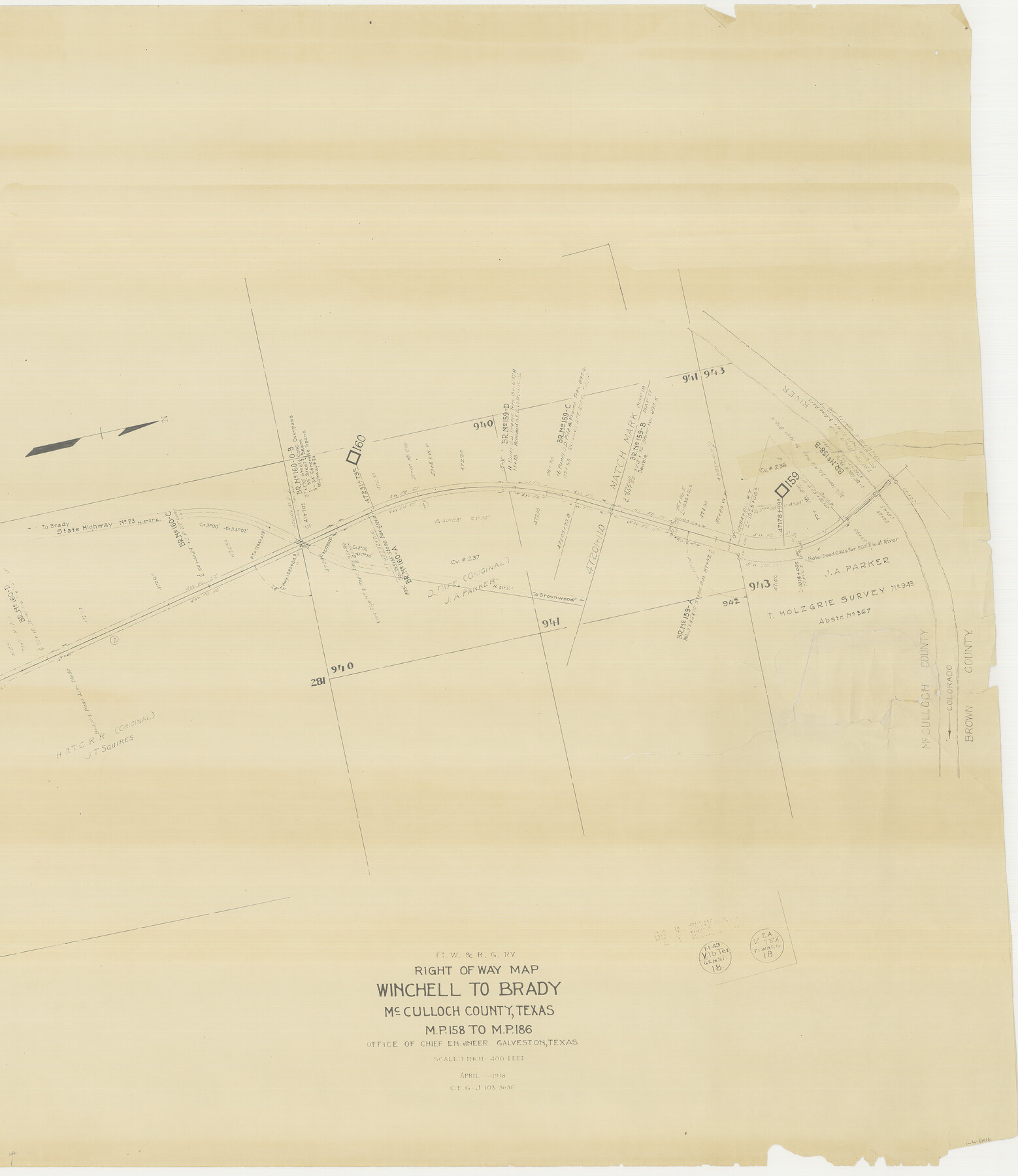 61416, FT. W. & R. G. Ry. Right of Way Map, Winchell to Brady, McCulloch County, Texas, General Map Collection
