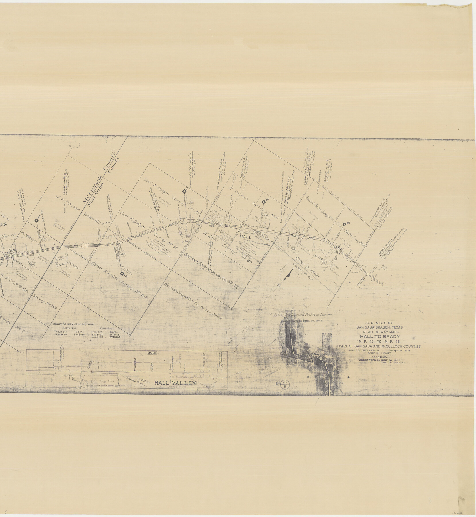 61419, G. C. & S. F. Ry., San Saba Branch, Texas, Right of Way Map, Hall to Brady, General Map Collection