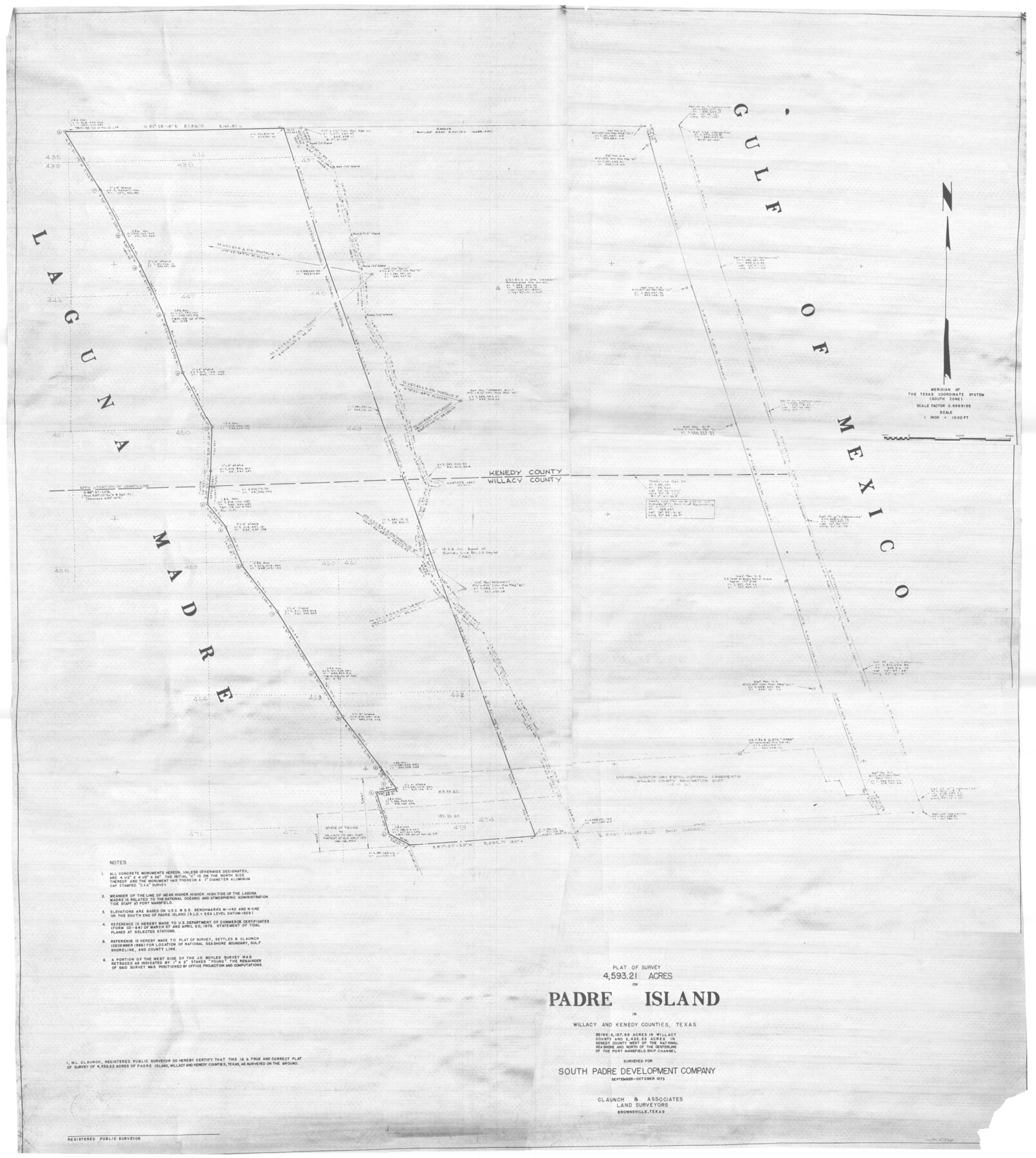 61424, Plat of a survey on Padre Island in Willacy and Kenedy Counties surveyed for South Padre Development Corporation by Claunch and Associates, General Map Collection