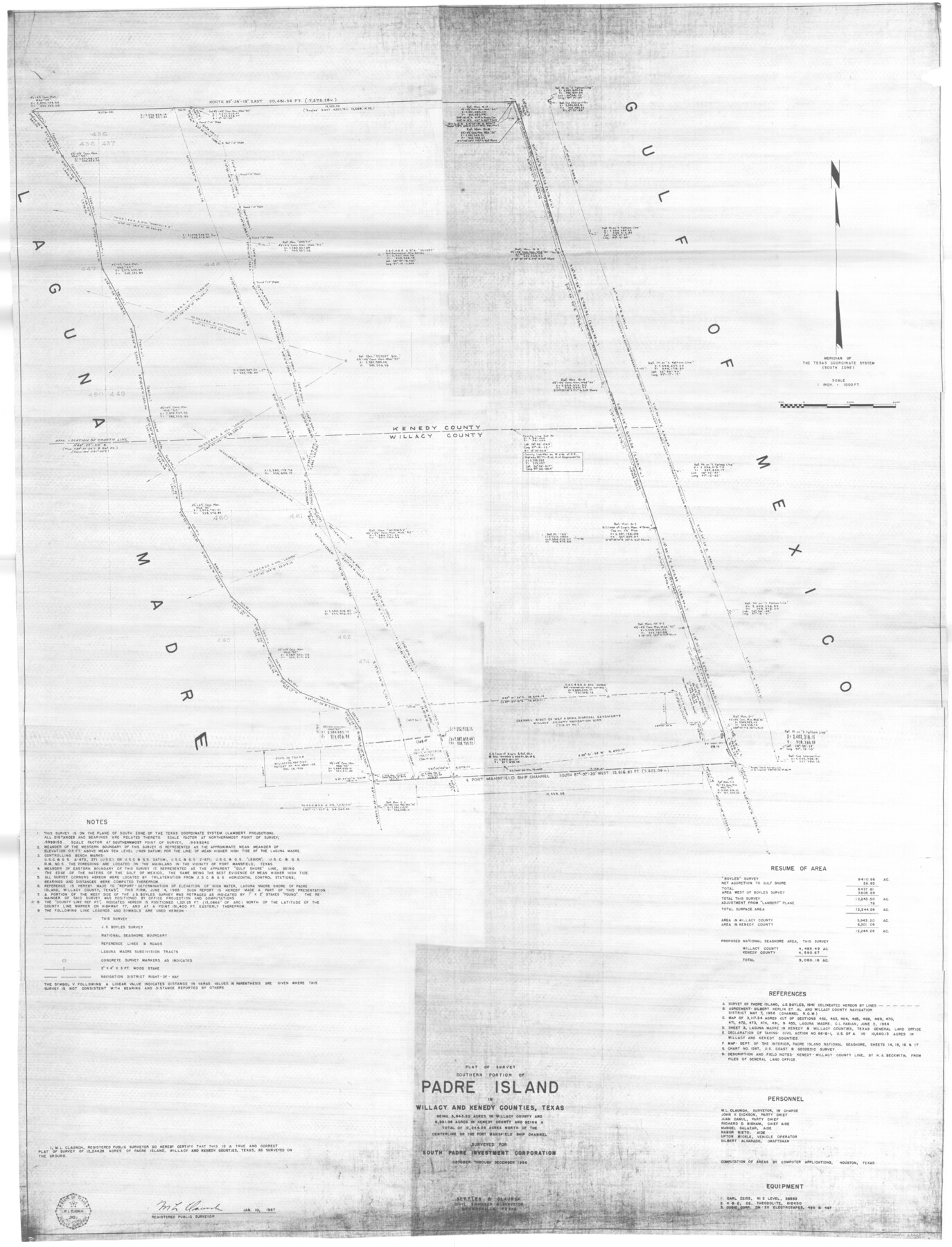 61425, Plat of a survey on Padre Island in Willacy and Kenedy Counties surveyed for South Padre Development Corporation by Settles and Claunch, General Map Collection