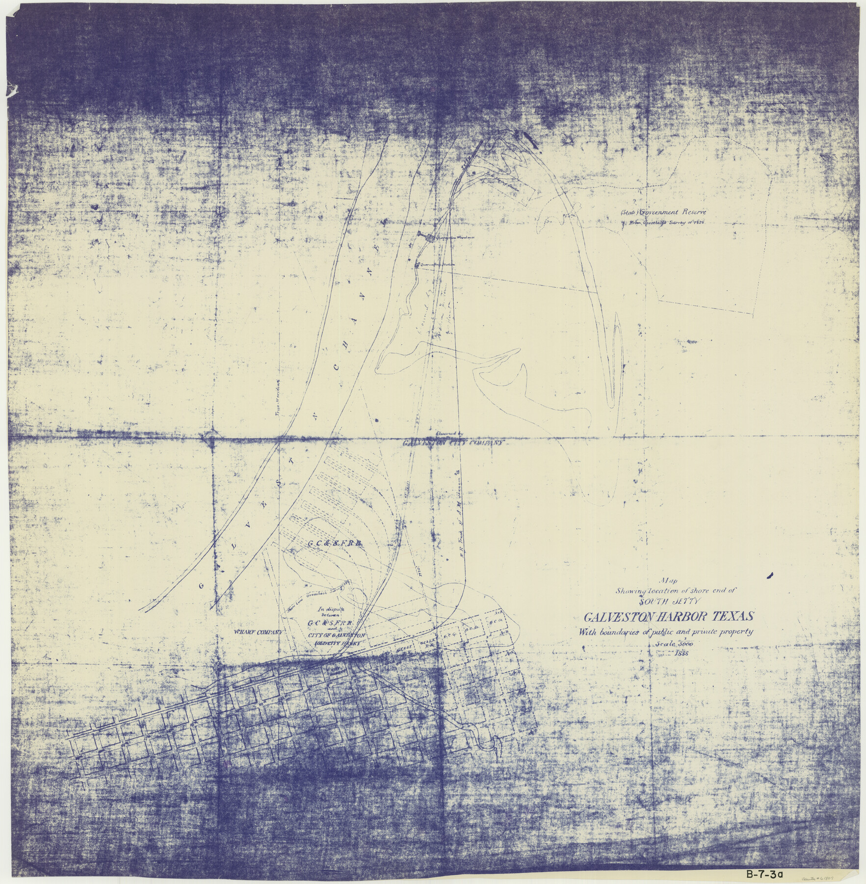 61807, Map showing location of shore end of south jetty Galveston Harbor, Texas with boundaries of public and private property, General Map Collection