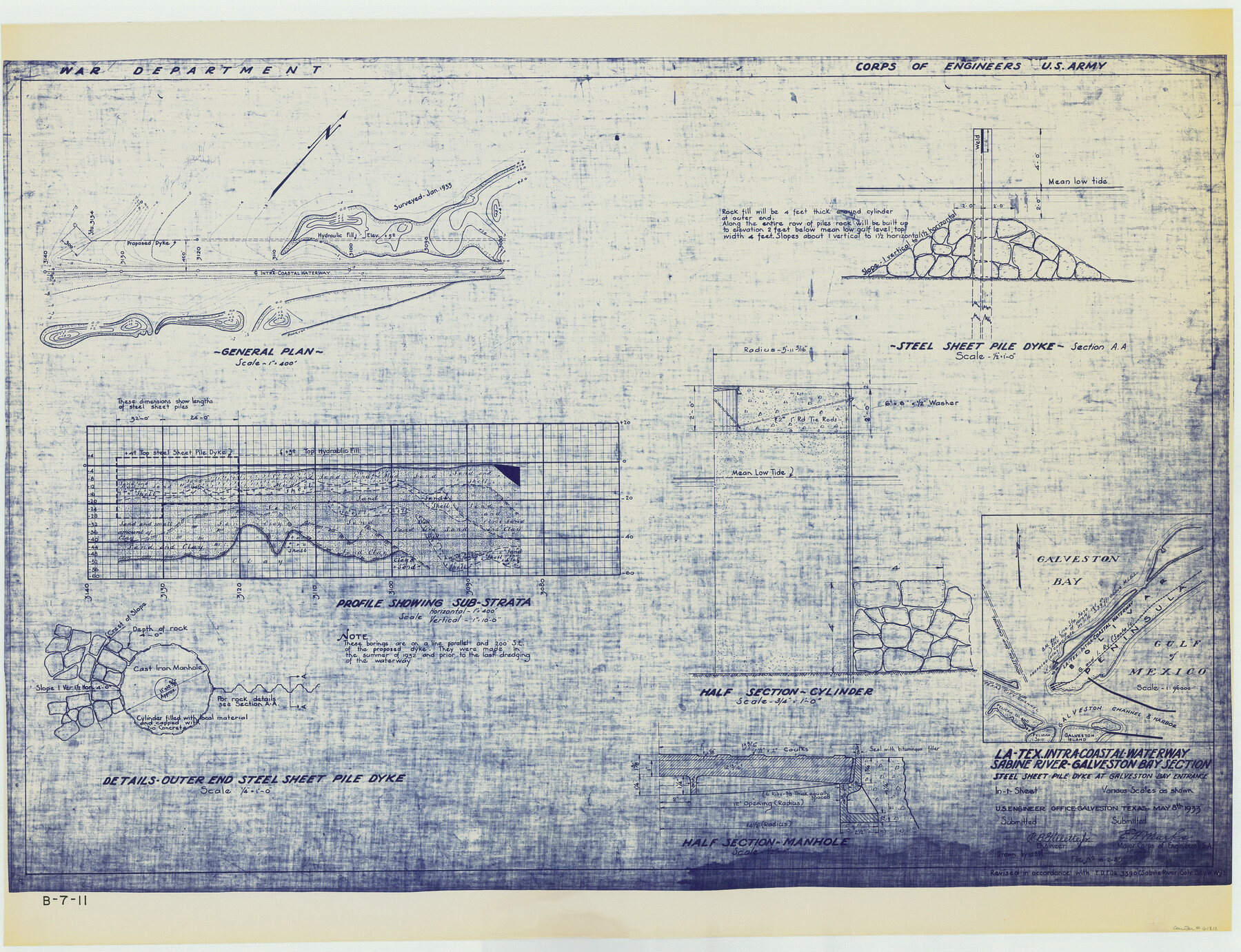 61818, Louisiana and Texas Intracoastal Waterway - Sabine River-Galveston Bay Section, Steel Sheet Pile Dyke at Galveston Bay Entrance, General Map Collection