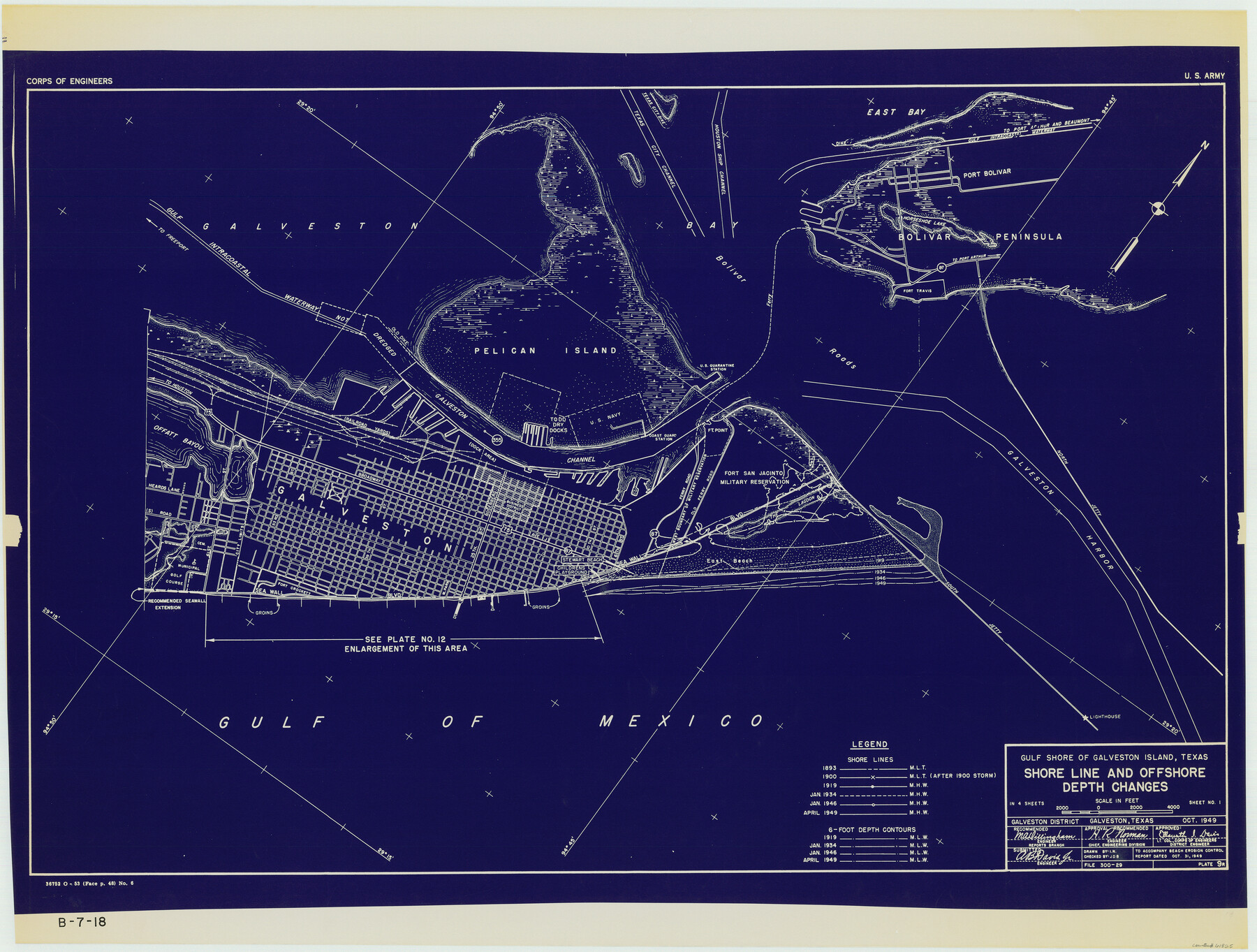 61825, Gulf Shore of Galveston Island Texas Shoreline and Offshore Depth Changes - Sheet 1, General Map Collection