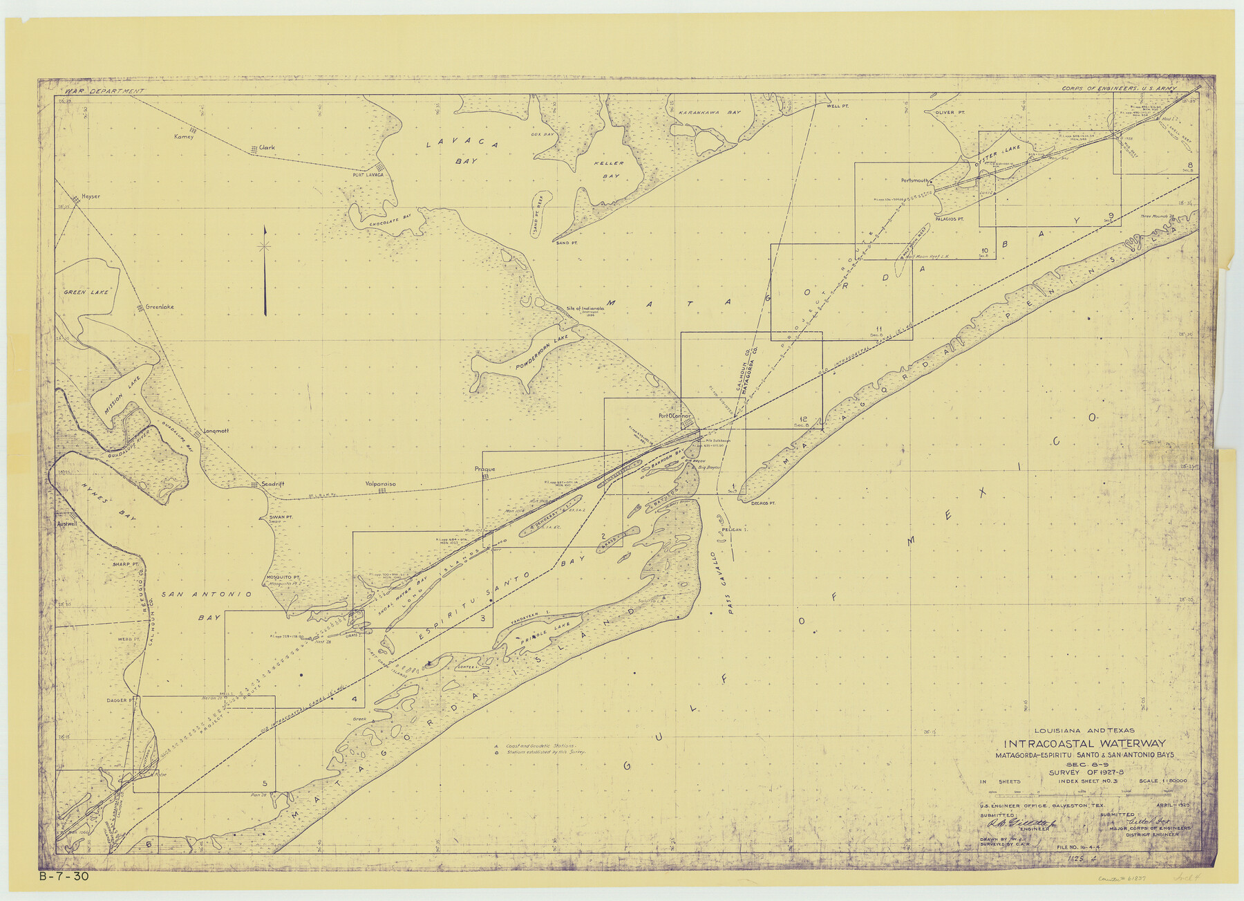 61837, Louisiana and Texas Intracoastal Waterway - Matagorda-Espiritu Santo and San Antonio Bays, Section 8-9, Survey of 1927-8 - Index Sheet 3, General Map Collection