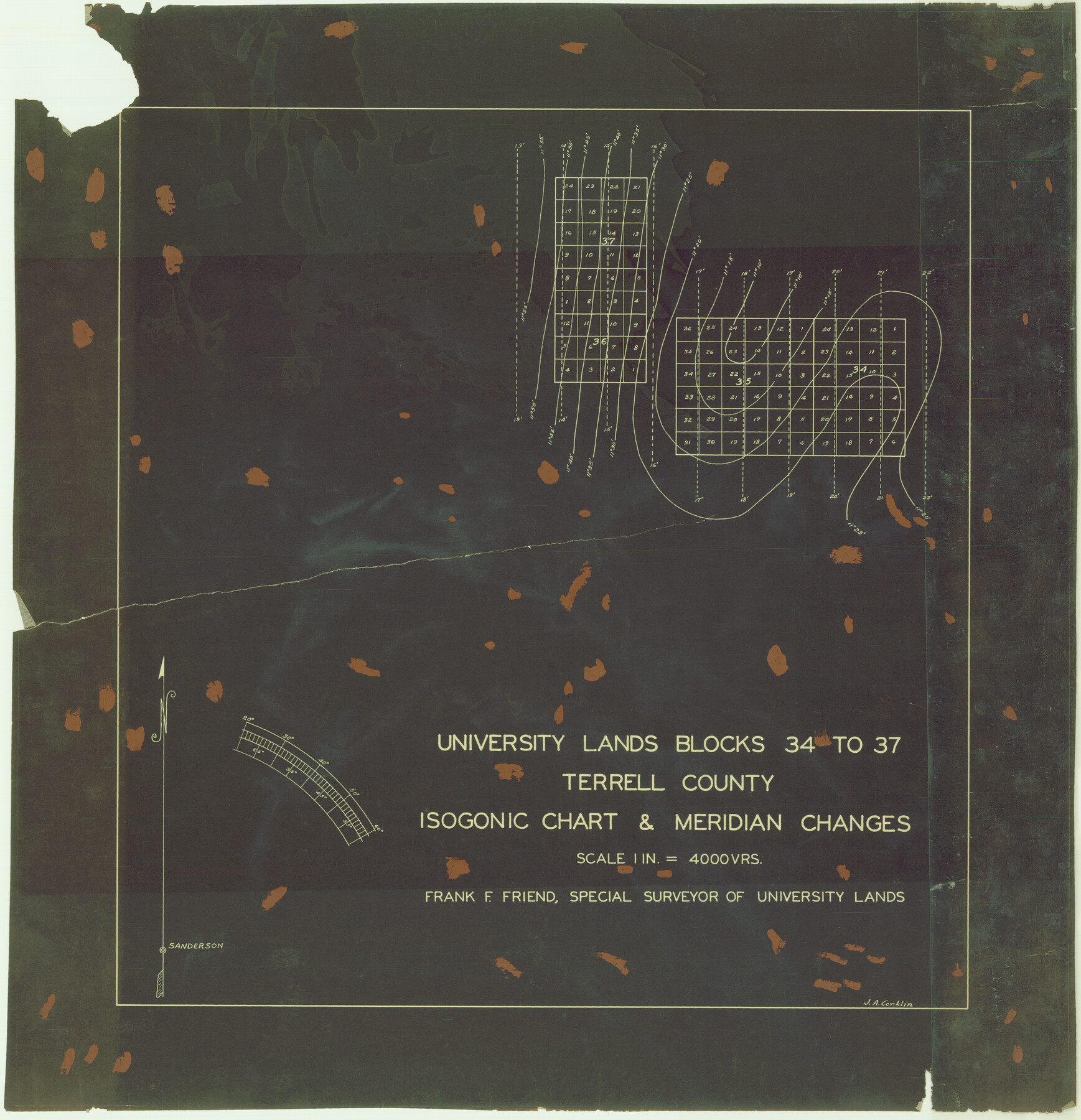 62940, University Lands Blocks 34 to 37, Terrell County, Isogonic Chart & Meridian Changes, General Map Collection