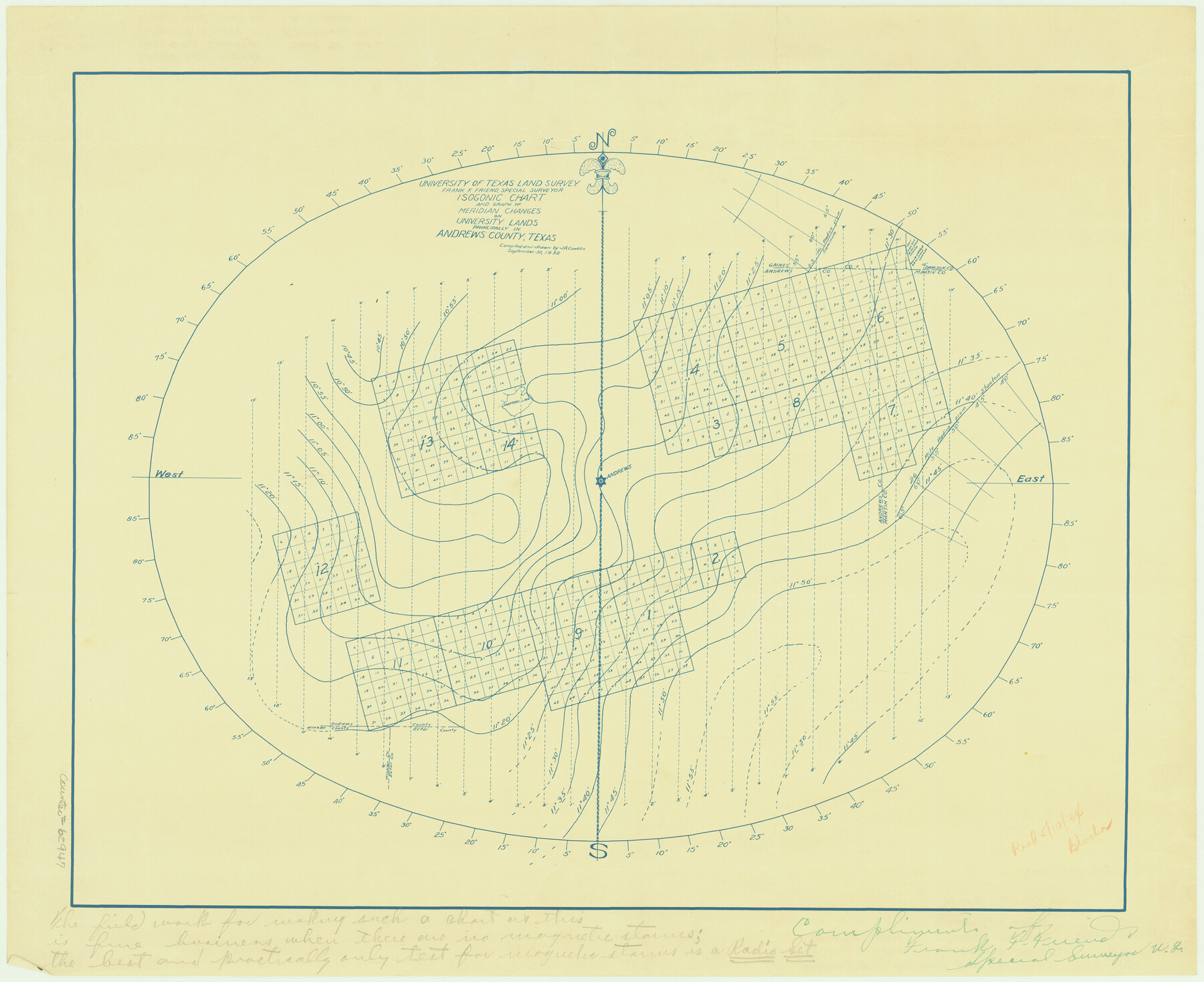 62947, University of Texas Land Survey Isogonic Chart and Graph of Meridian Changes on University Lands Principally in Andrews County, Texas, General Map Collection