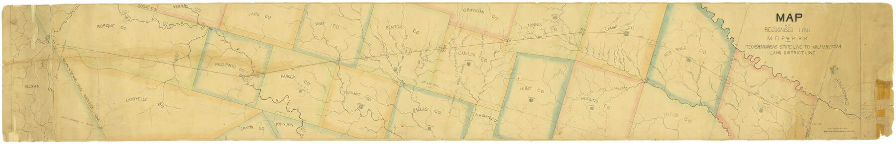 64053, Map of the Recognised Line M. El. P. & P. R.R. from Texas & Arkansas State Line to Milam & Bexar Land District Line, General Map Collection
