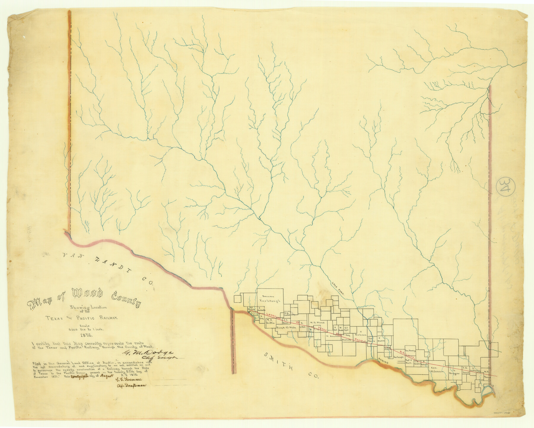 64135, Map of Wood County Showing Location of the Texas and Pacific Railway, General Map Collection