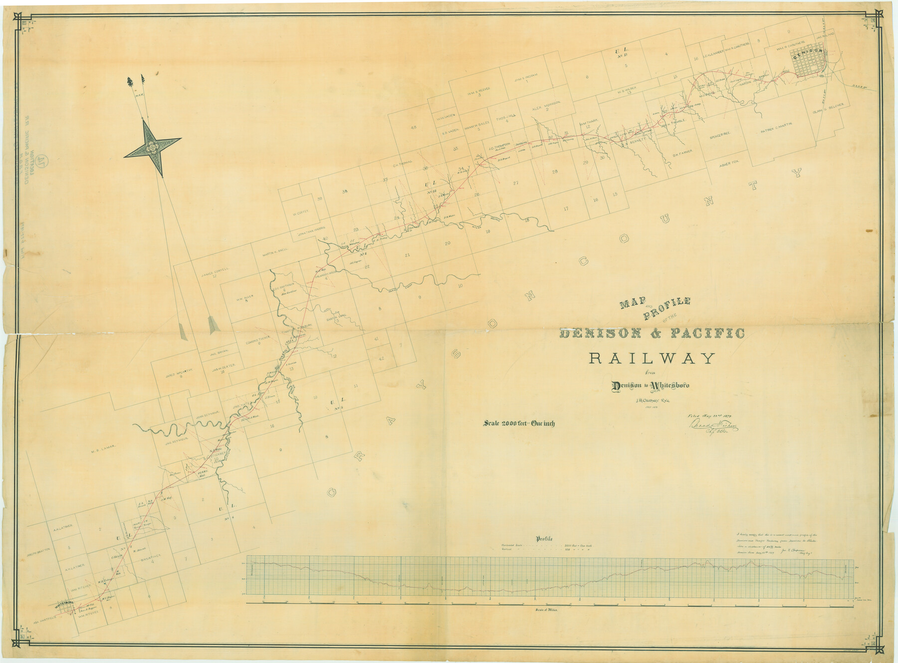 64284, Map and Profile of the Denison and Pacific Railway from Denison to Whitesboro, General Map Collection