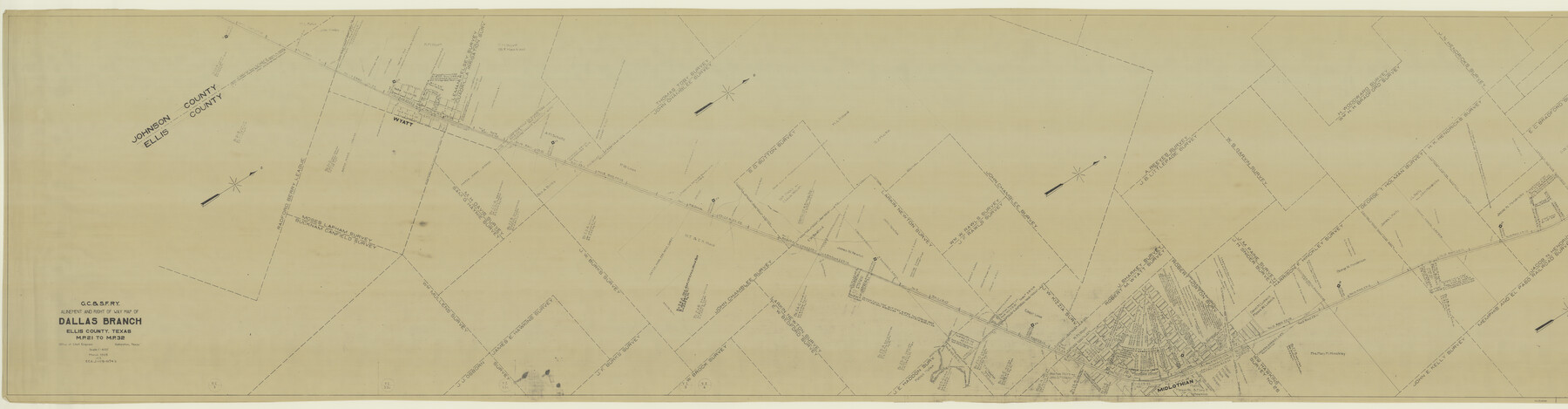 64547, G.C. & S.F. Ry. Alinement and Right of Way map of Dallas Branch, Ellis County, Texas, General Map Collection