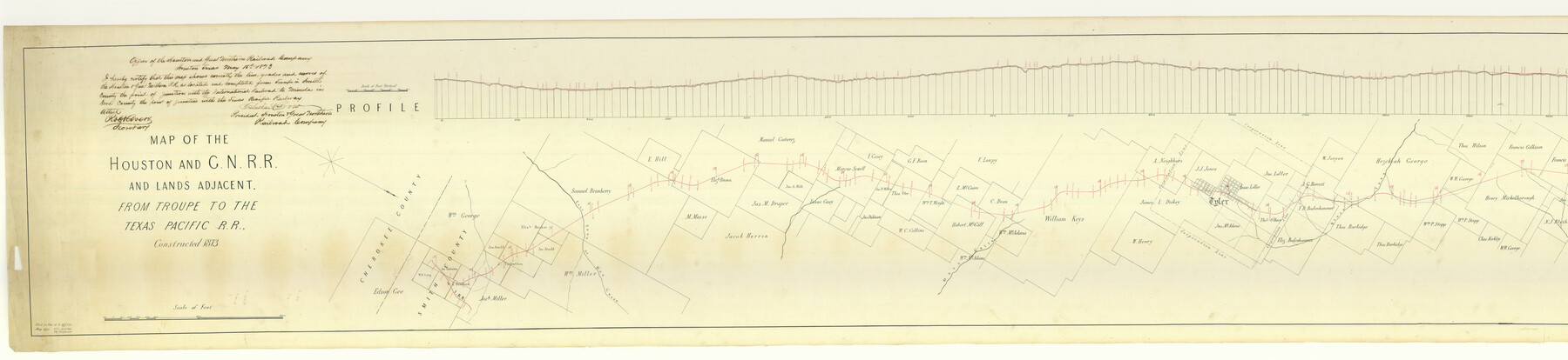 64627, Map of the Houston and G. N. R.R. and lands adjacent, from Troupe to the Texas Pacific R.R., General Map Collection