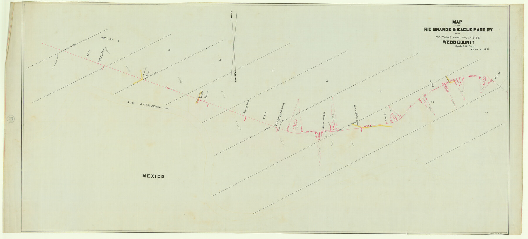 64657, Map of the Rio Grande & Eagle Pass Ry. from Sections 14-20 Inclusive, Webb County, General Map Collection