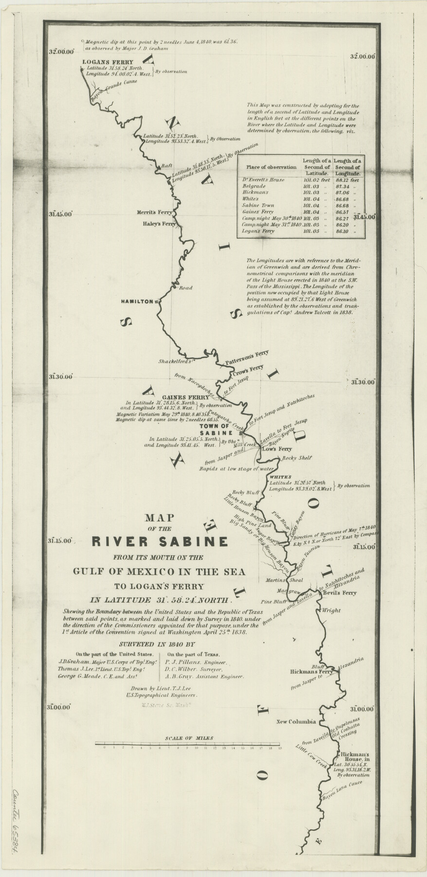 65384, Map of the River Sabine from its mouth on the Gulf of Mexico in the sea to Logan's Ferry in latitude 31° 58' 24" north, General Map Collection