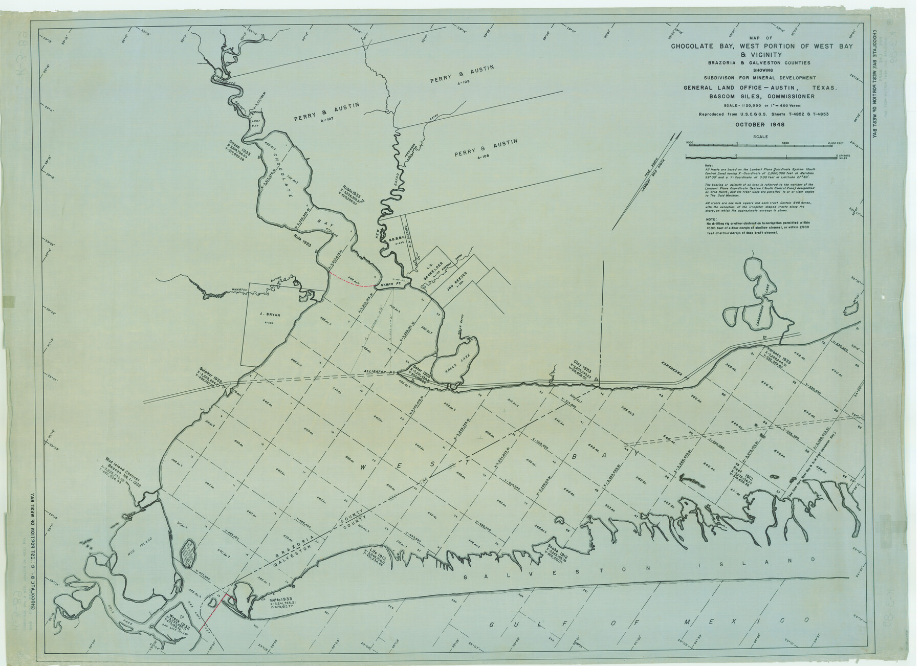 65806, Map of Chocolate Bay, west portion of West Bay & vicinity, Brazoria & Galveston Counties showing subdivision for mineral development, General Map Collection