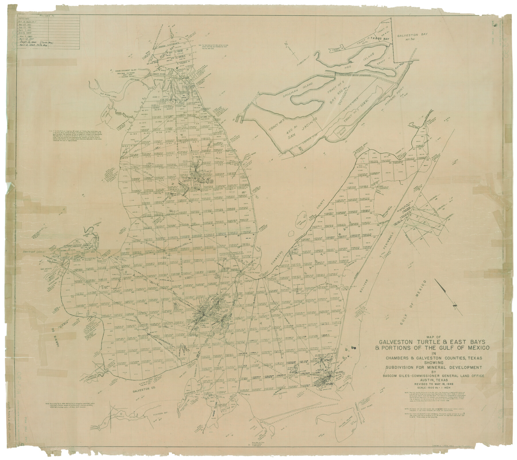 65807, Map of Galveston, Turtle & East Bays & portions of the Gulf of Mexico in Chambers & Galveston Counties, Texas showing subdivision for mineral development, General Map Collection
