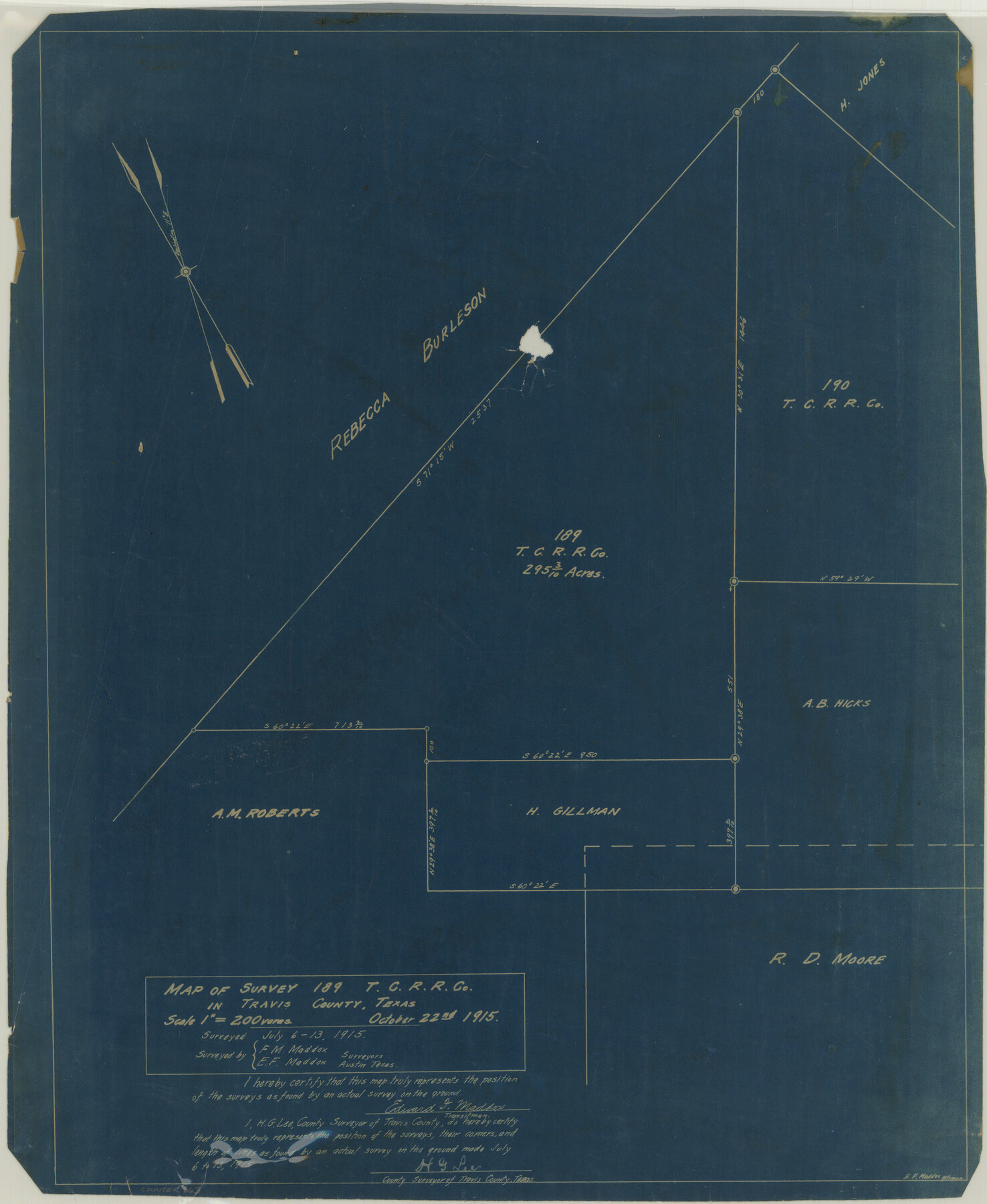 663, Map of survey 189, T. C. R.R. Co. in Travis County, Texas, Maddox Collection