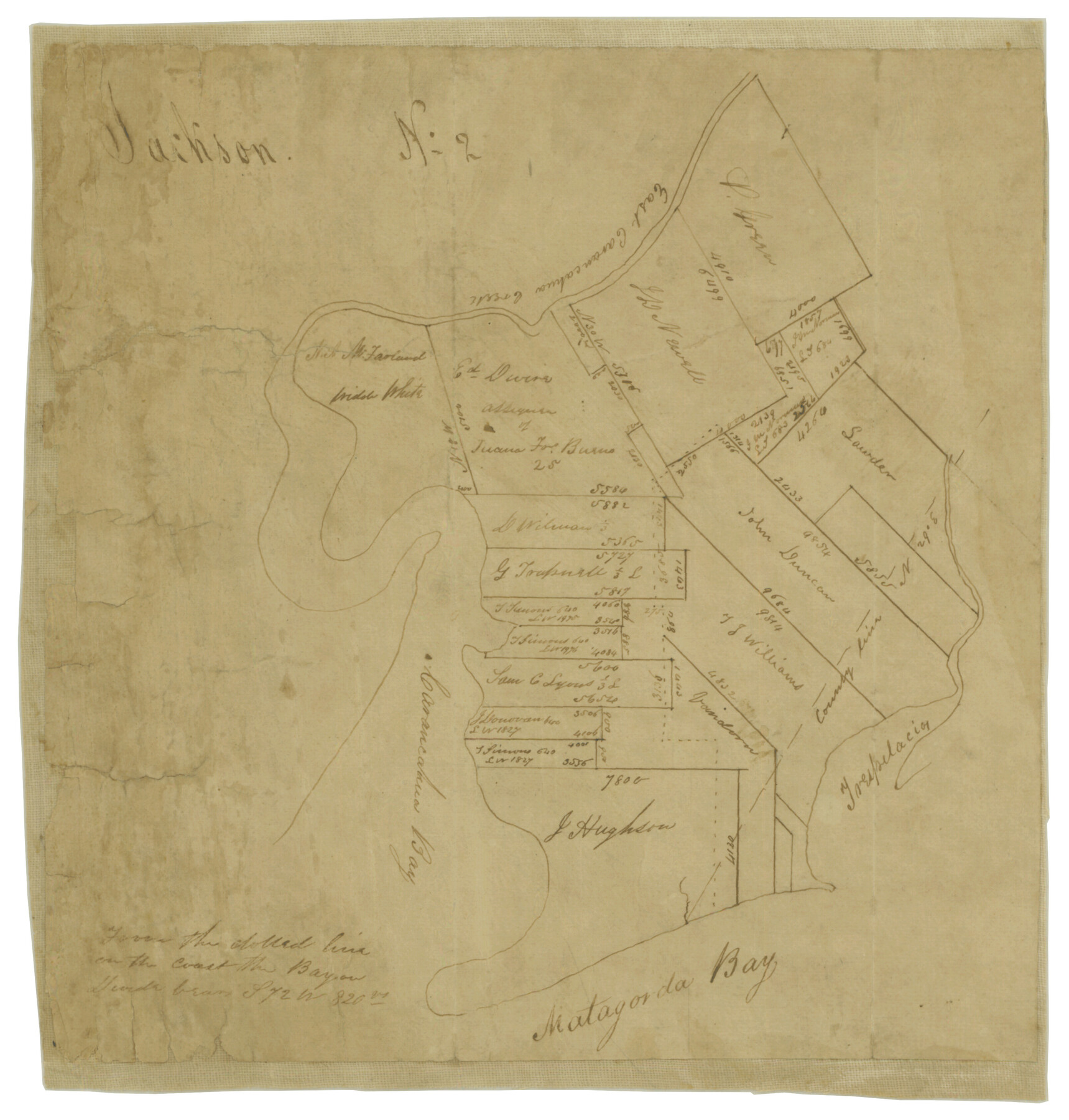69743, Sketch of Surveys on Caranchua and Tres Palacious Bayous, Jackson Co., General Map Collection
