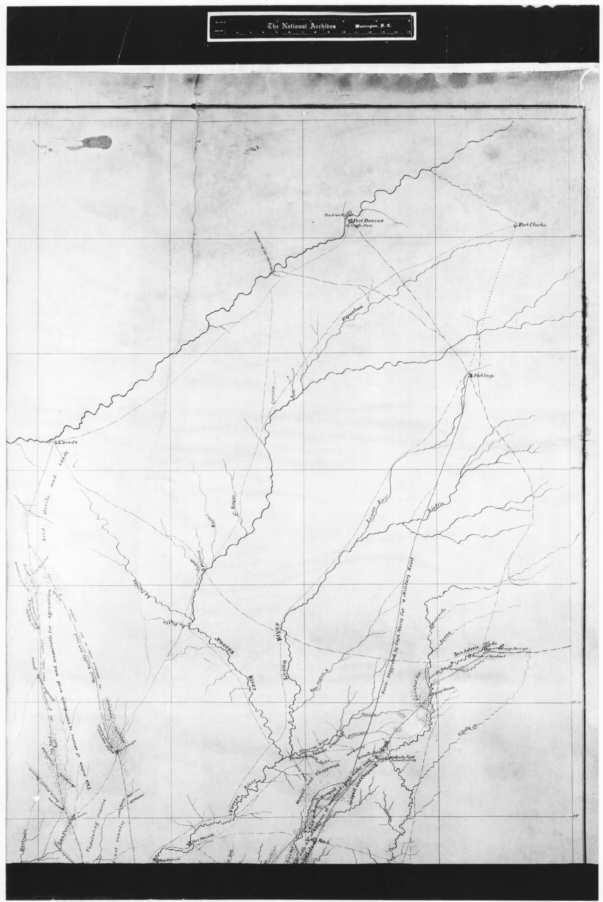 72710, Sketch of a portion of the Texas Coast showing the relative positions of different harbours with the interior Military Posts, and the roads communicating with them, also two new routes from Black Point and Lamar to San Antonio, General Map Collection