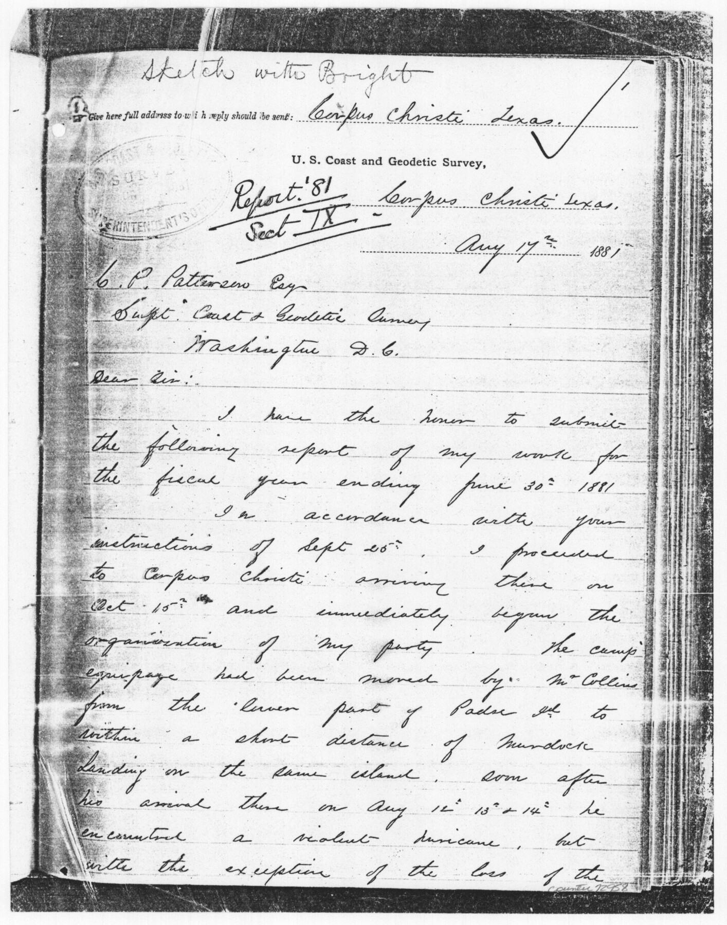 72958, Sketch showing progress of topographical work Laguna Madre and vicinity from Rainey Is. to Baffins Bay, Coast of Texas Sect. IX [and accompanying letter], General Map Collection