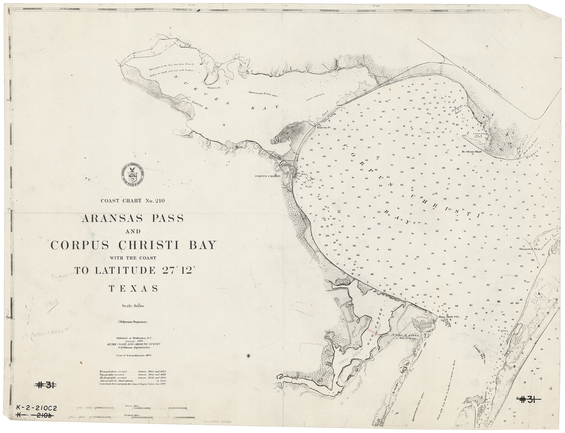 73450, Coast Chart No. 210 - Aransas Pass and Corpus Christi Bay with the coast to latitude 27° 12', Texas, General Map Collection