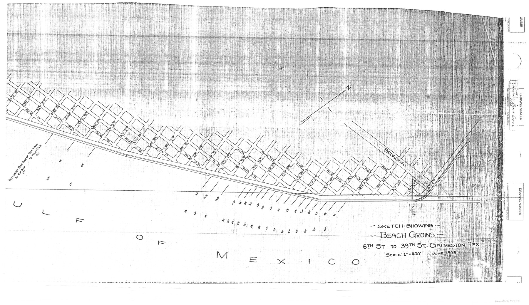 73626, Sketch Showing Beach Groins 6th St to 39th St - Galveston, Tex., General Map Collection