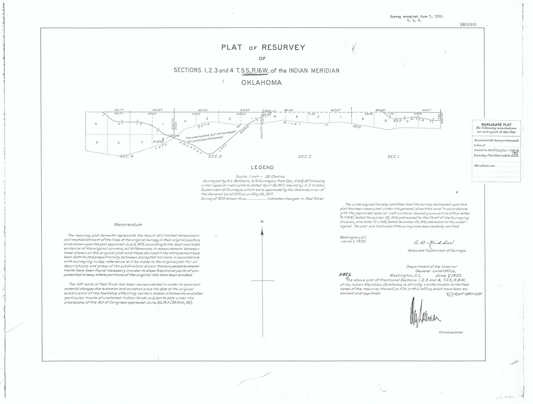 75162, Plat of Resurvey of Sections 1, 2, 3 and 4 T. 5S., R. 16W., of the Indian Meridian, Oklahoma, General Map Collection