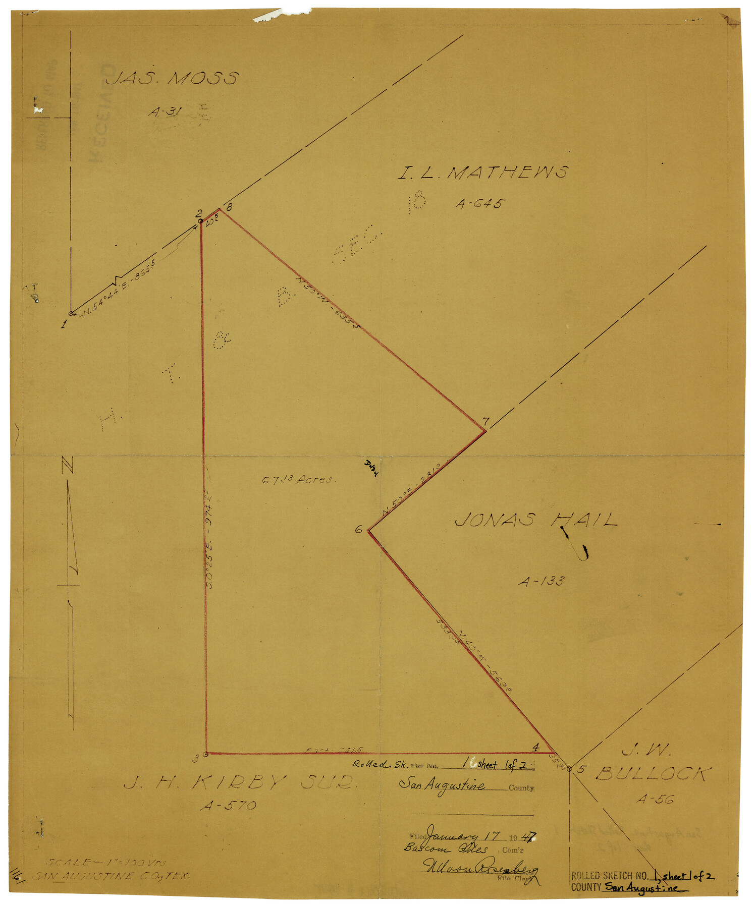 7552, San Augustine County Rolled Sketch 1, General Map Collection
