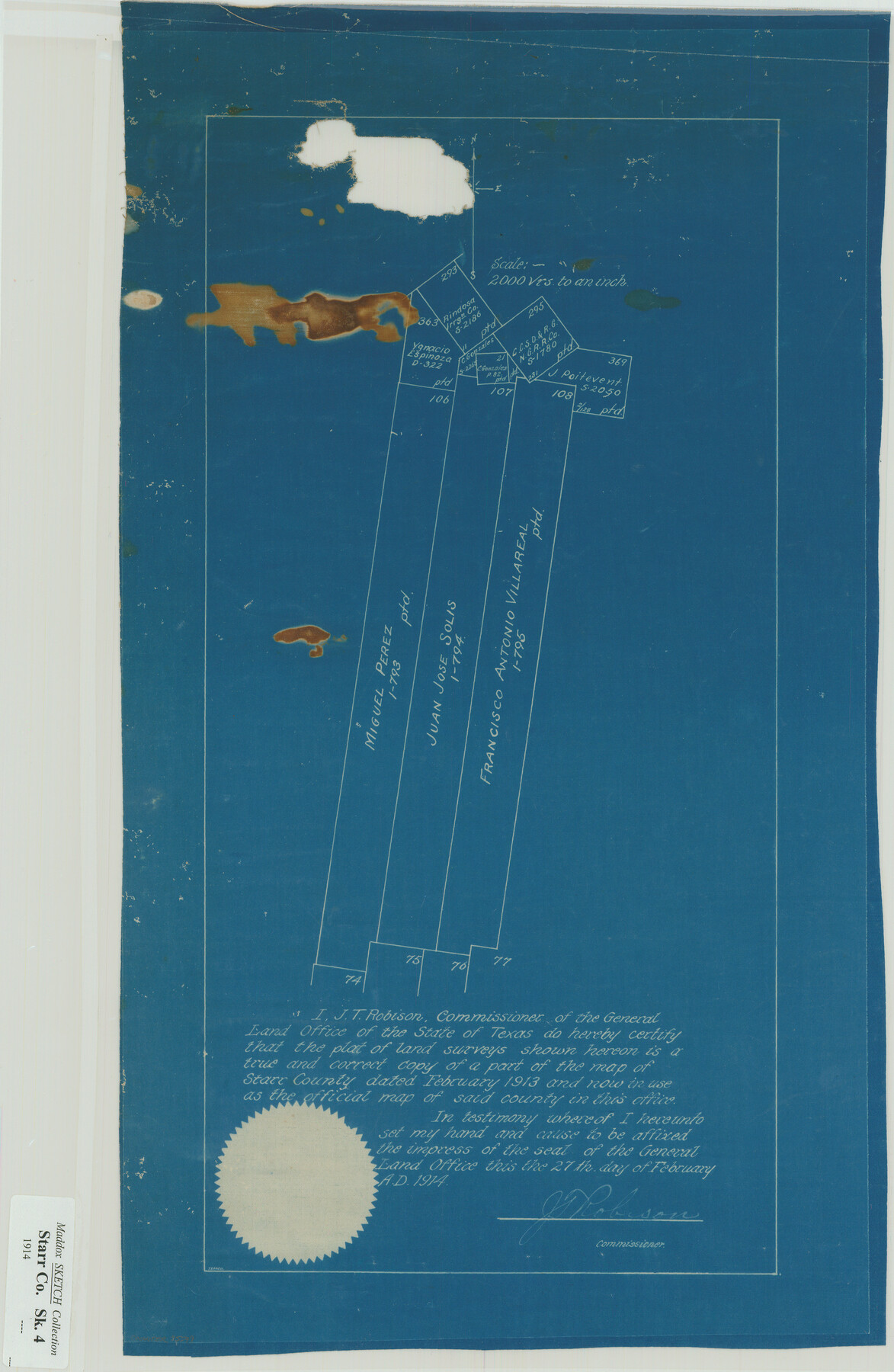 75549, [Sketch showing Miguel Perez, Juan Jose Solis and Francisco Antonio Villareal surveys in Starr County], Maddox Collection