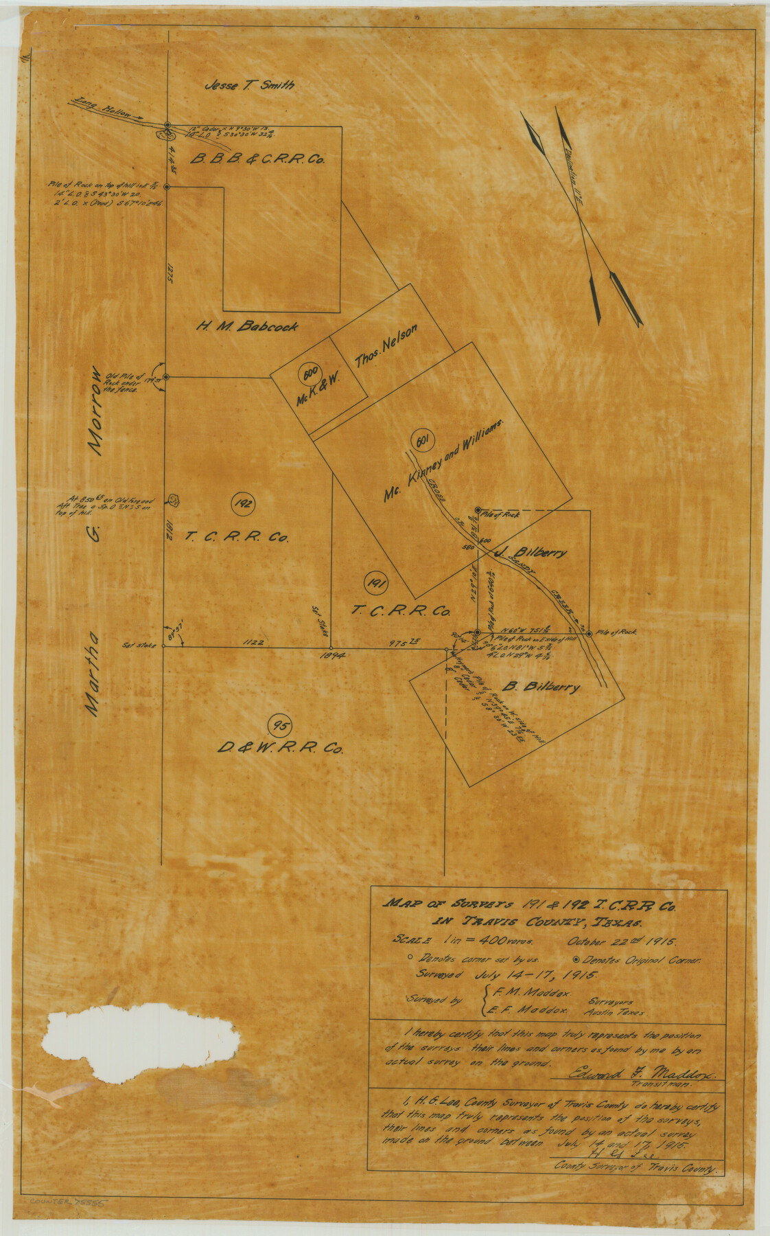 75555, Map of surveys 191 & 192 T. C. R.R. Co. in Travis County, Texas, Maddox Collection