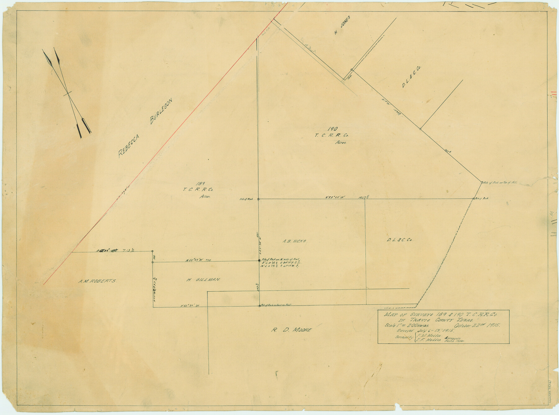 75761, Map of surveys 189 & 190, T. C. R.R. Co. in Travis County, Texas, Maddox Collection
