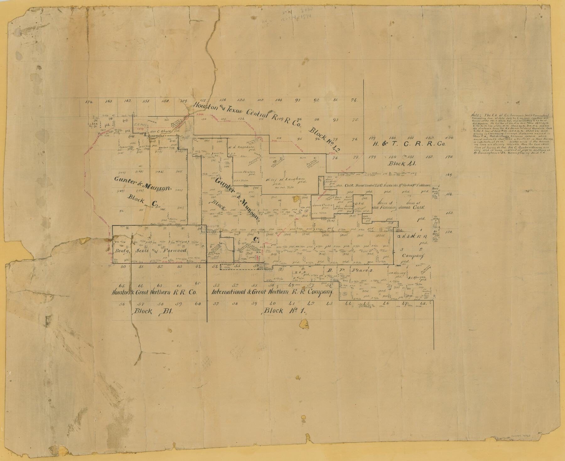 75763, [Surveying Sketch of Houston and Texas Central R. R. Co., Gunter & Munson, Houston & Great Northern R. R. Co., International & Great Northern R. R. Company, et al], Maddox Collection