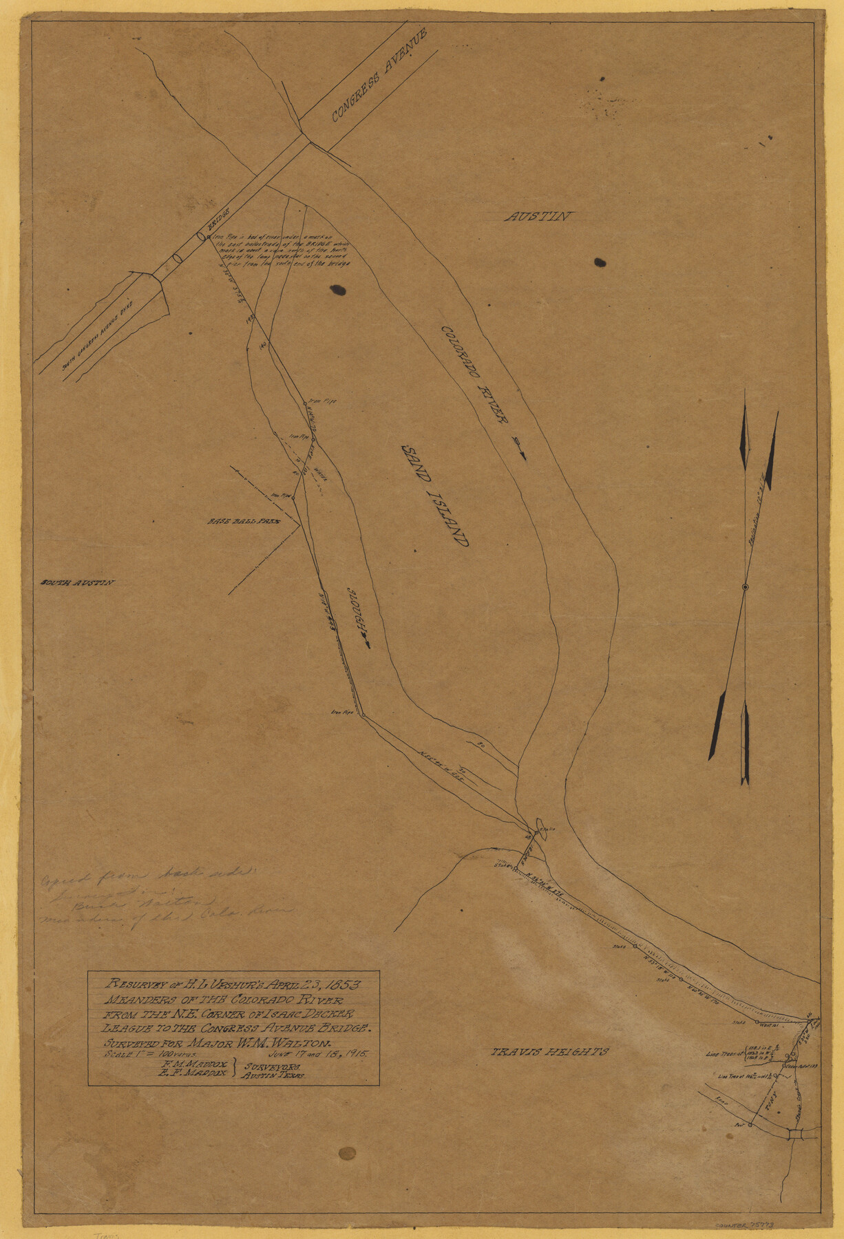 75773, Resurvey of H.L. Upshur's April 23, 1853 meanders of the Colorado River from the NE corner of Isaac Decker league to the Congress Avenue Bridge, Maddox Collection