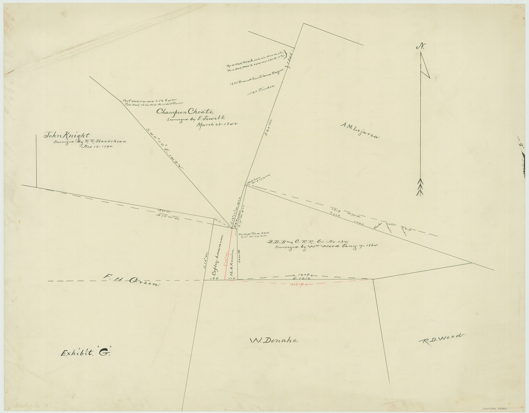 75821, [Surveying Sketch of John Knight, Champion Choate, A. M. Lejarza, et al in Hardin County, Texas - Exhibit "G"], Maddox Collection