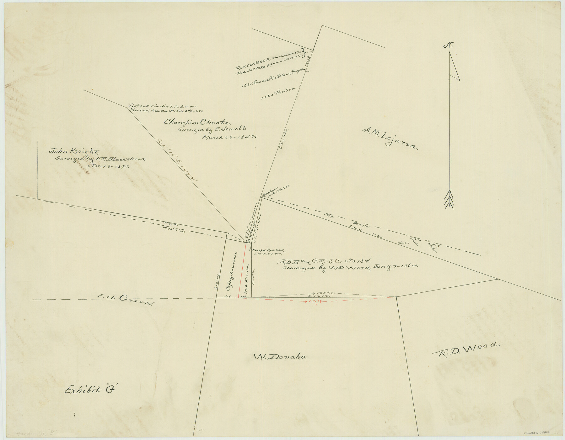 75822, [Surveying Sketch of John Knight, Champion Choate, A.M. Lejarza, et al in Hardin County, Texas - Exhibit "G"], Maddox Collection