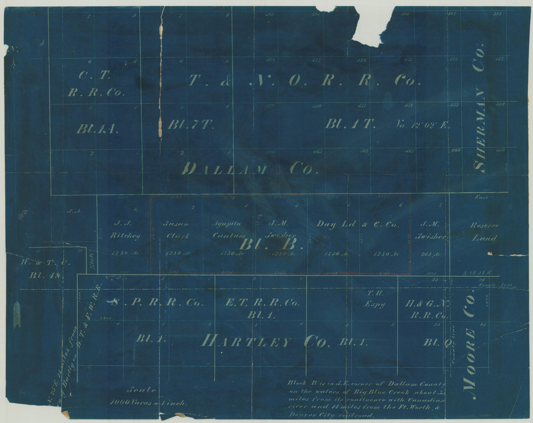 75824, [Surveying Sketch of T. & N. O. R. R. Co., S. P. R. R. Co., E. T. R. R. Co., et al in Dallam, Hartley, Sherman & Moore Counties, Texas], Maddox Collection