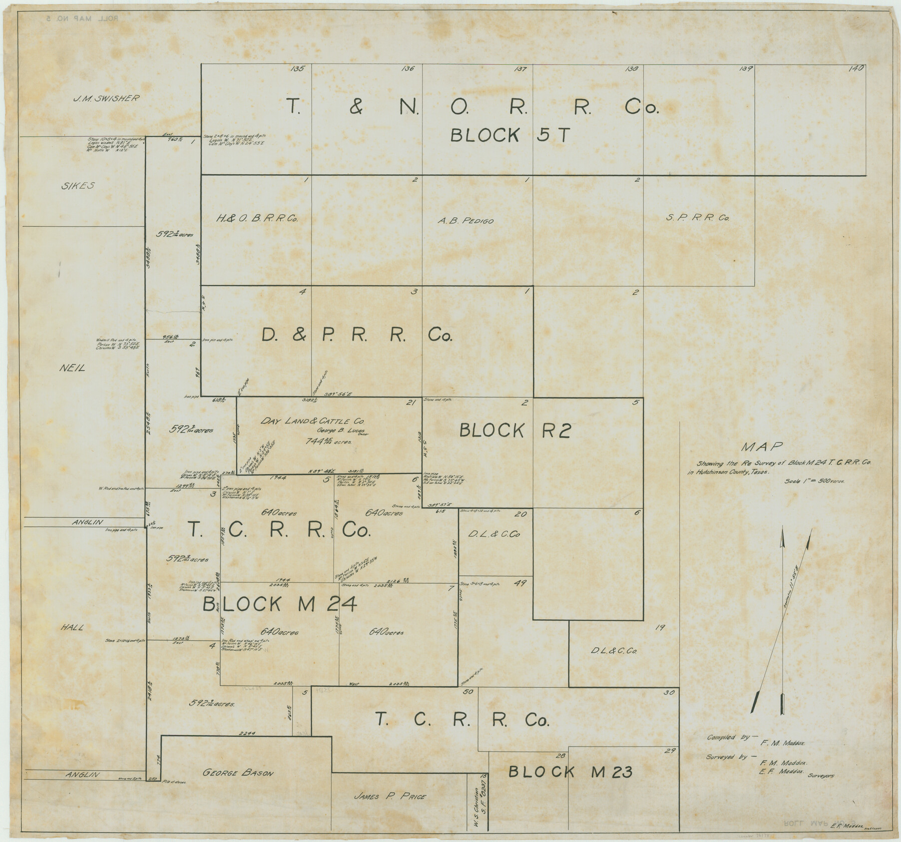 76178, Map showing the resurvey of Block M24 T. C. R.R. Co. in Hutchinson County, Texas, Maddox Collection