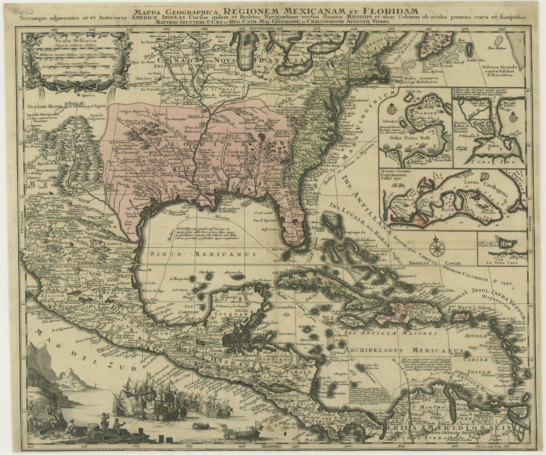 76196, Mappa Geographica Regionem Mexicanam et Floridam, Terrasque adjacentes, ut et Anteriores Americae Insulas, Curfus itidem et Reditus Navigantuim verfus flumen Missisipi et alias Colonias ob oculos ponens, cura et fumptibus, Texas State Library and Archives